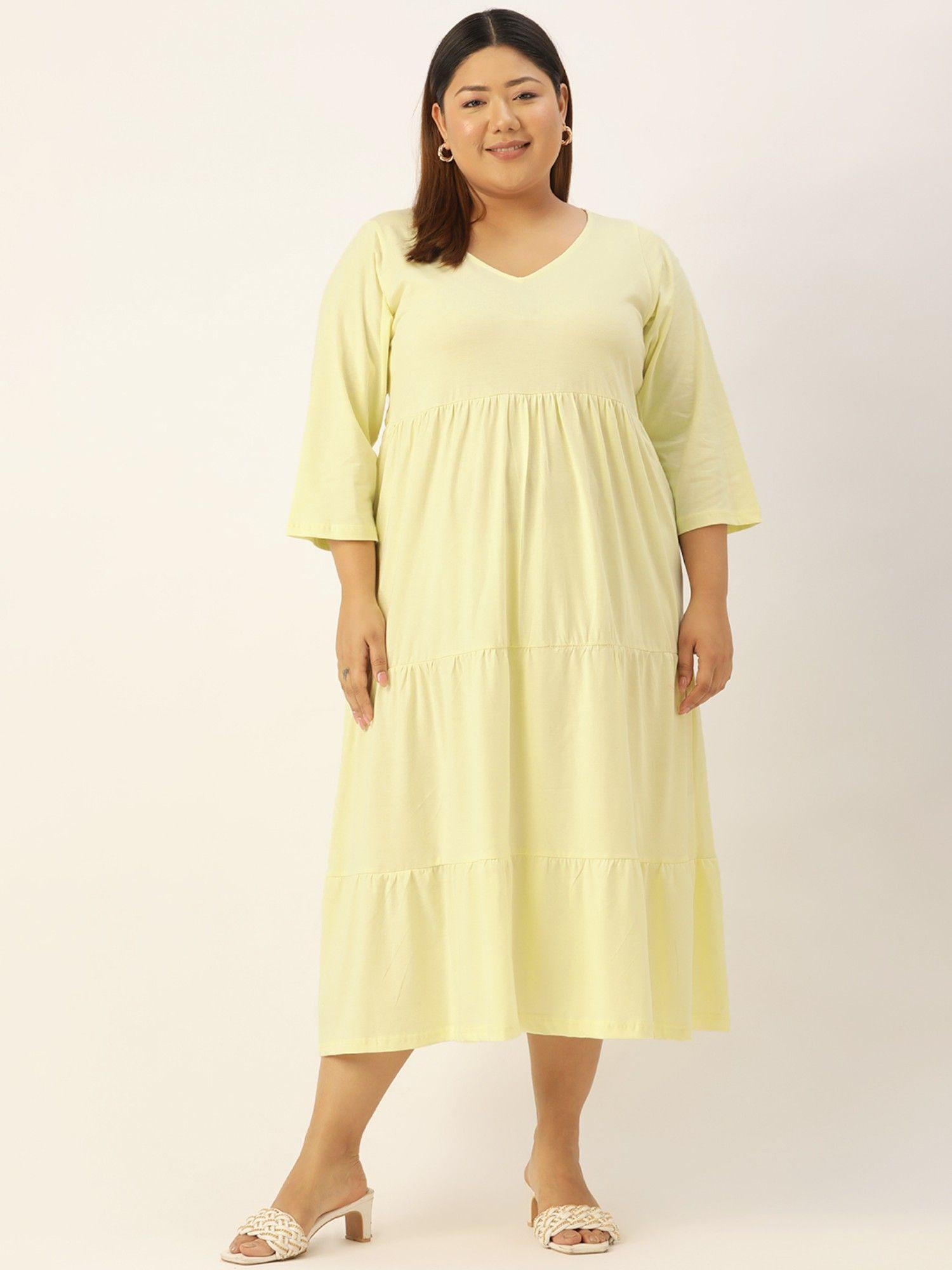 plus size women's pale yellow solid color cotton tiered dress