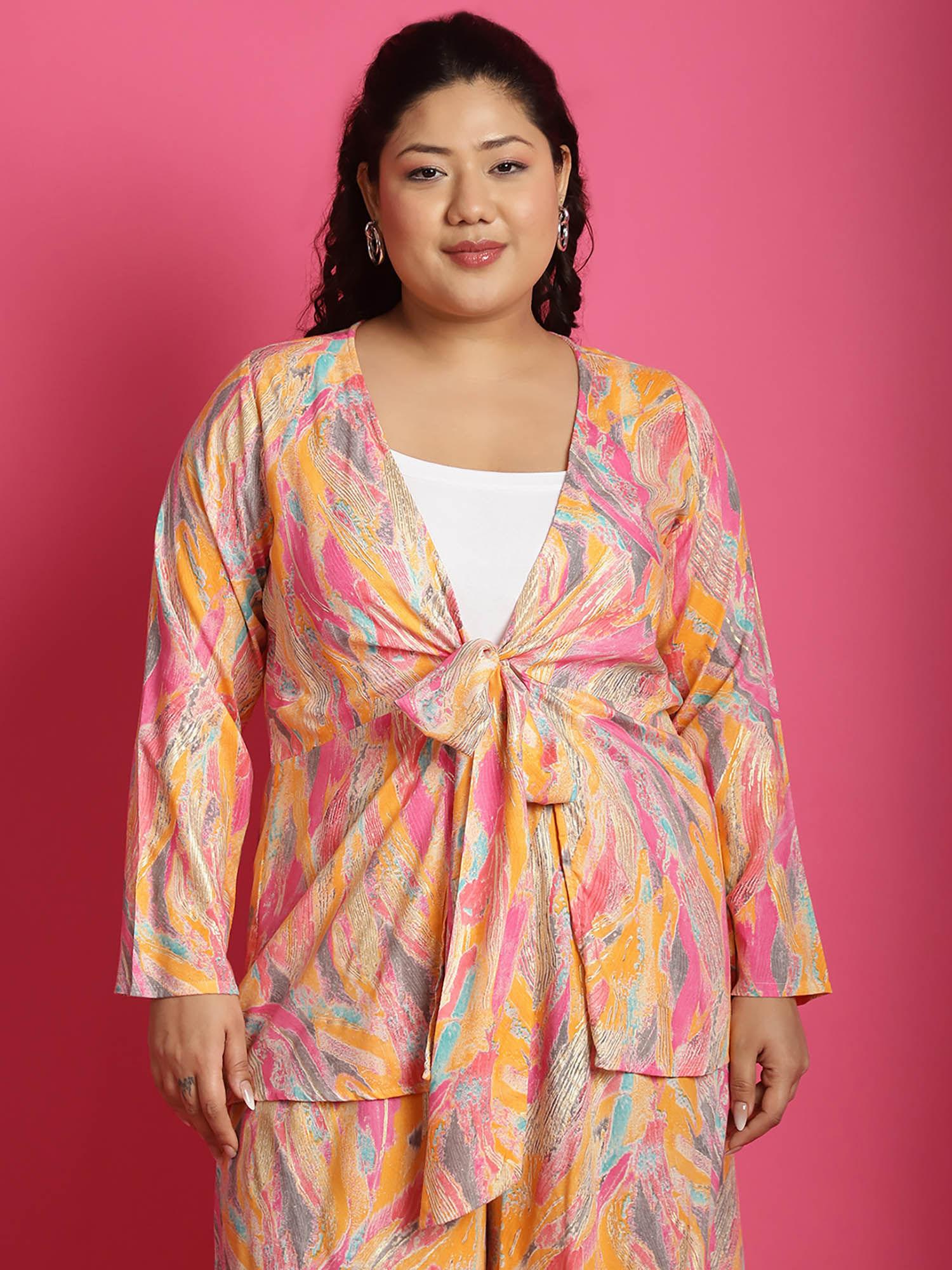 plus size women's pink gold foil printed tie-up shrug