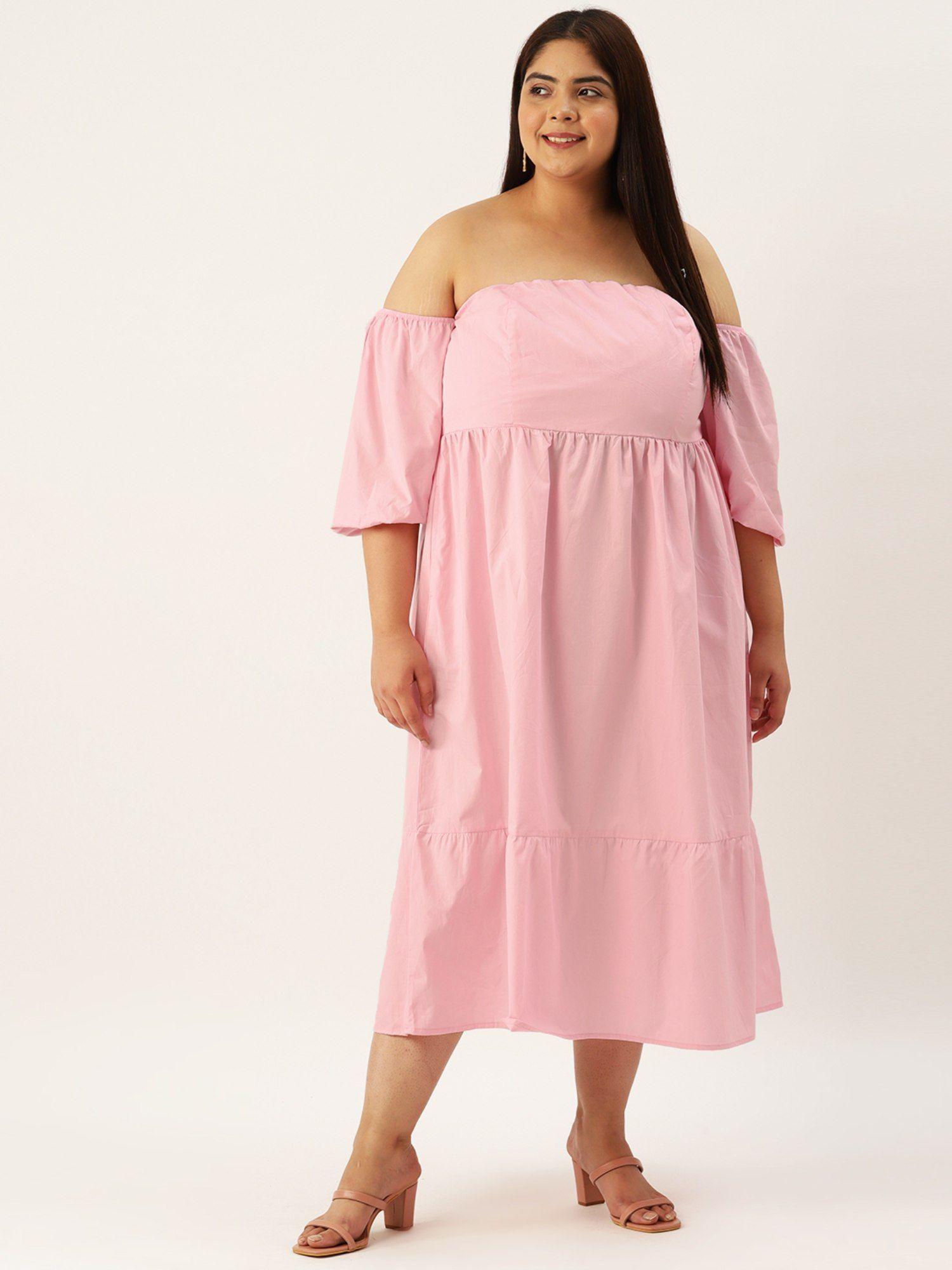 plus size women's pink solid color puff sleeves cotton woven dress