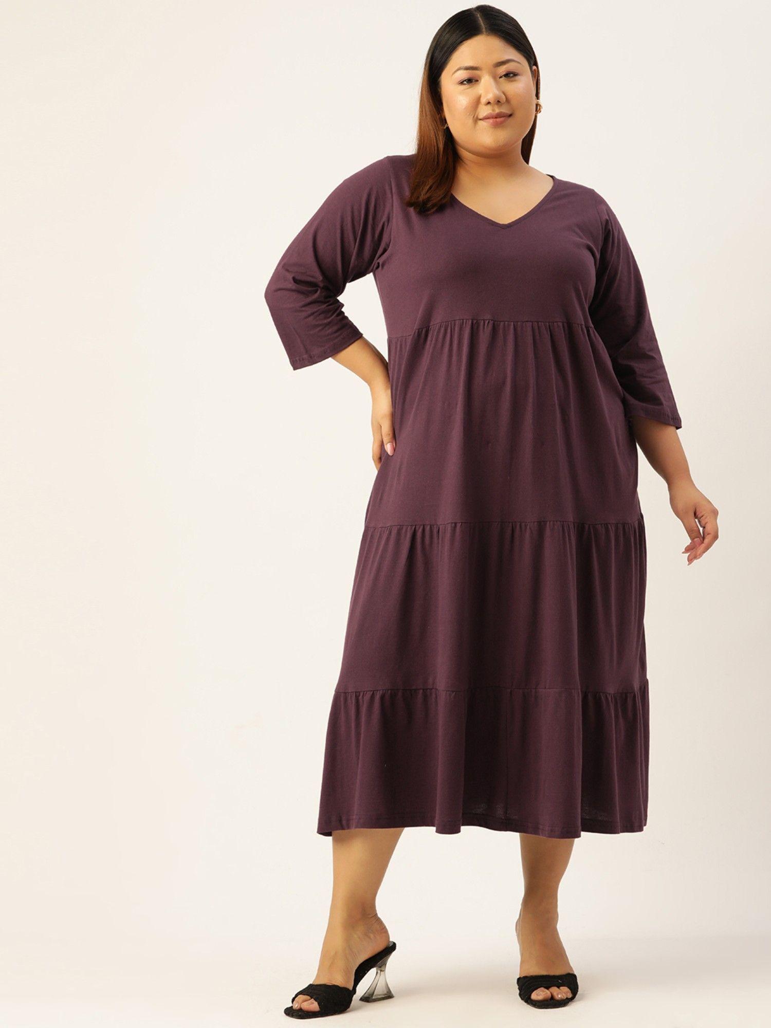 plus size women's purple solid color cotton tiered dress