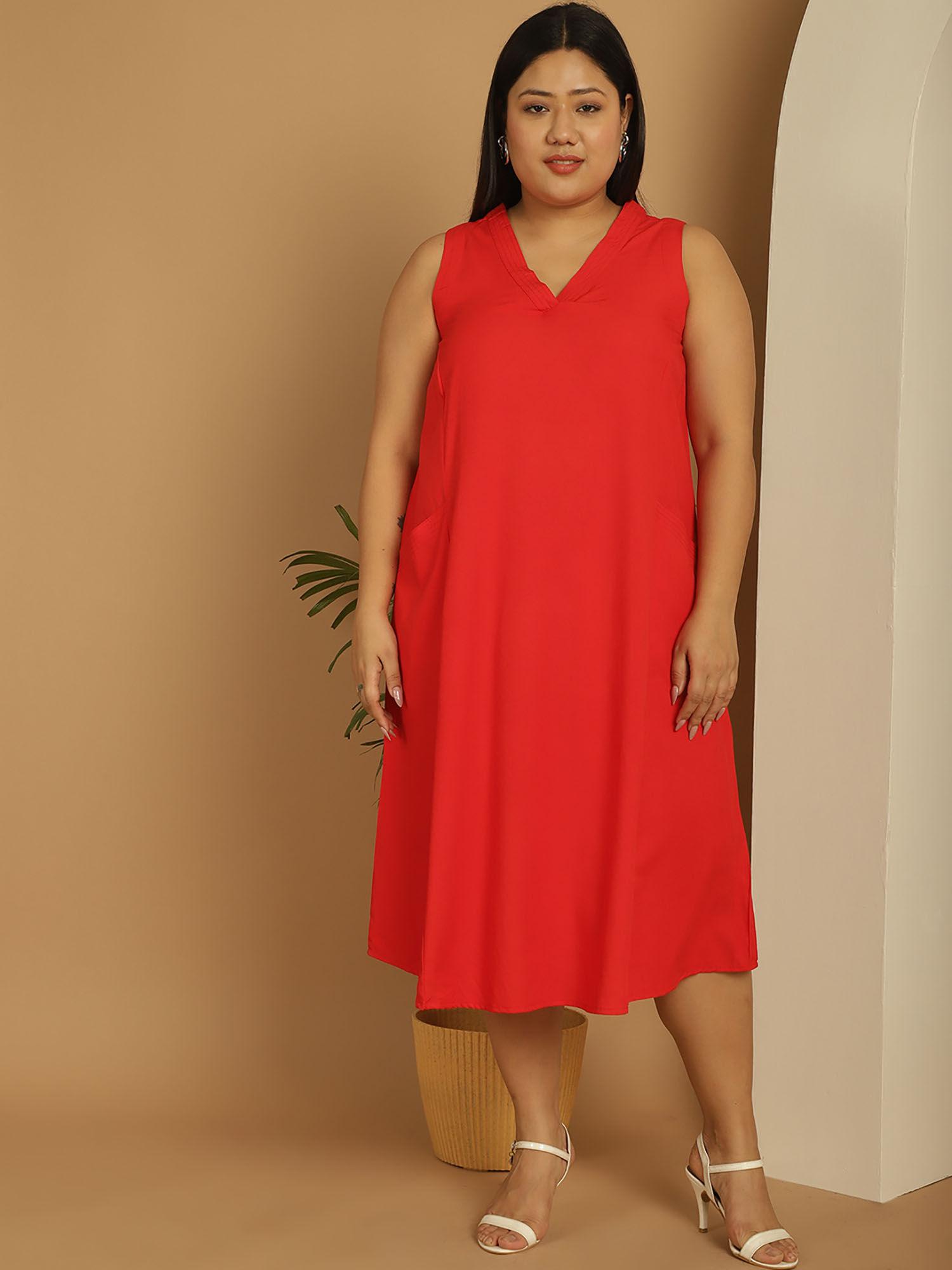 plus size women's red solid color a-line midi dress