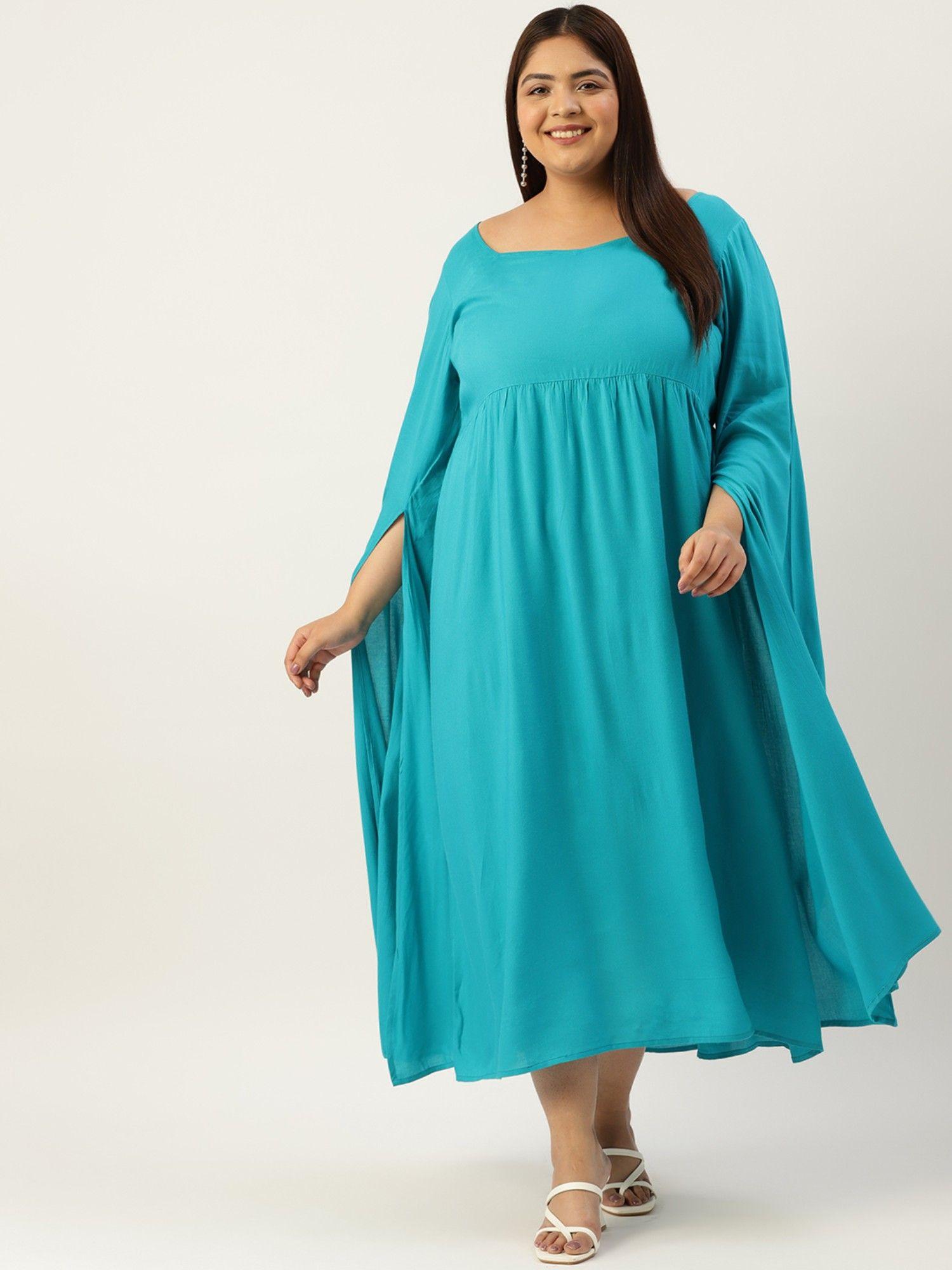 plus size women's teal blue solid color slit sleeves a-line dress