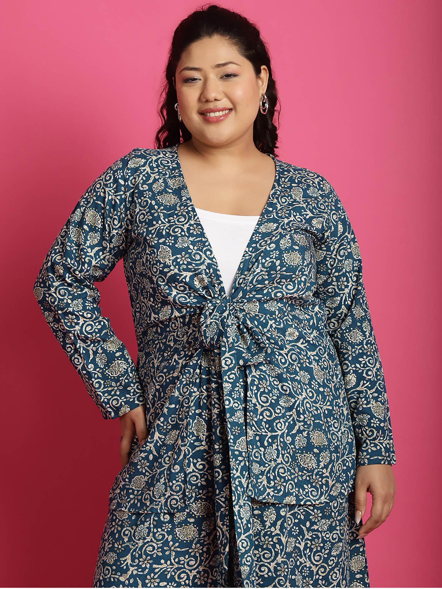 plus size women's teal floral batik printed tie-up shrug