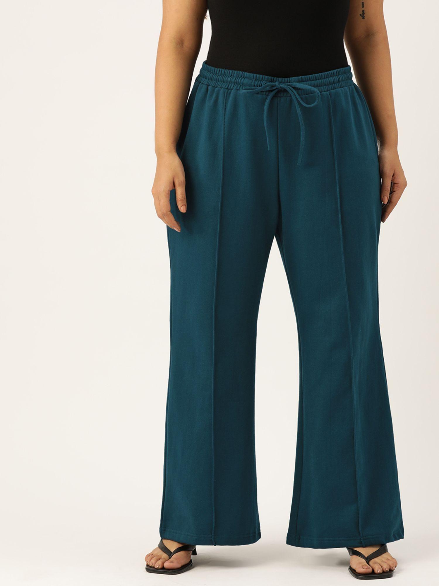 plus size women's teal solid color pleated winter trouser