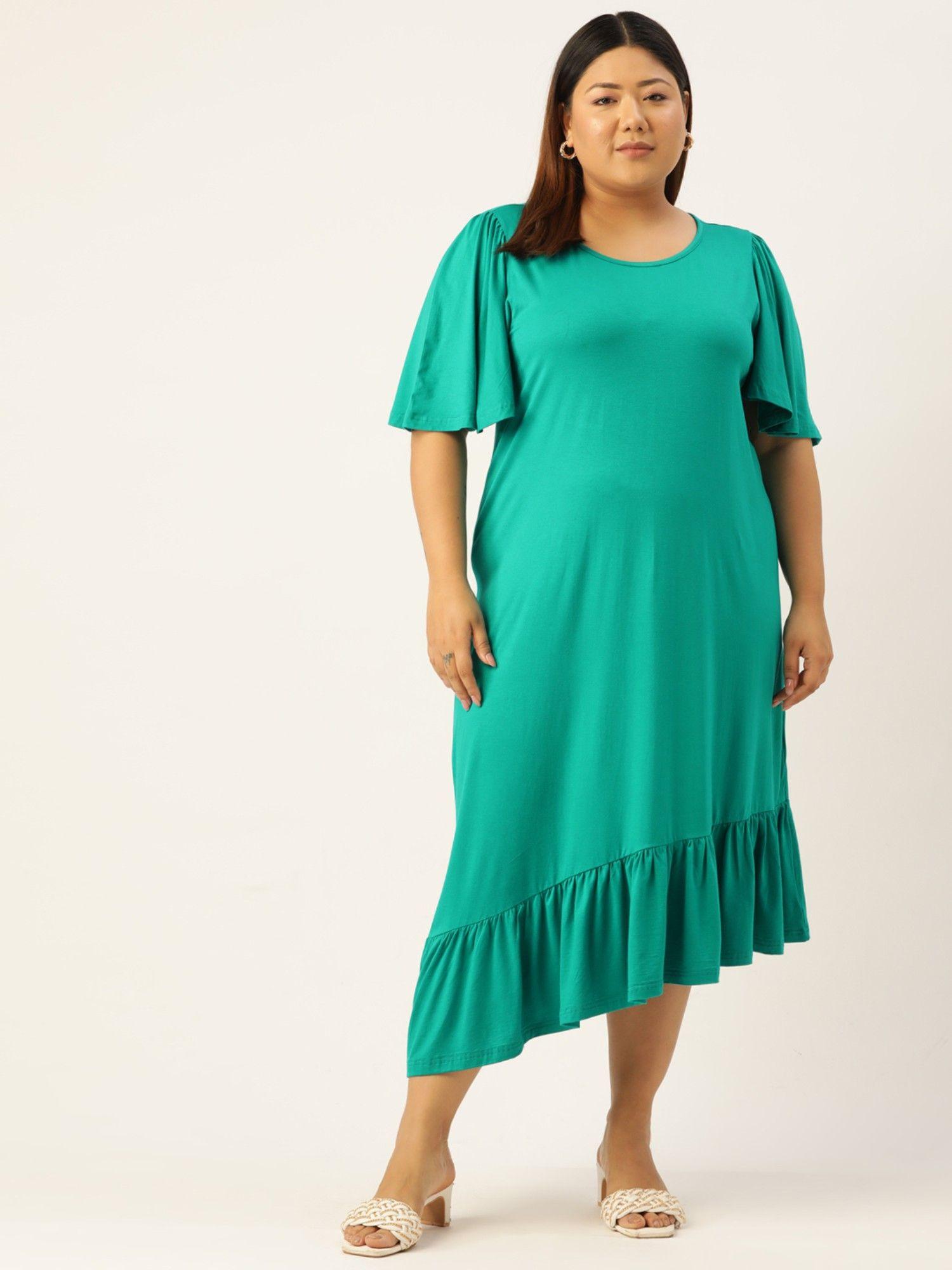 plus size women's turq solid color asymmetrical knitted dress