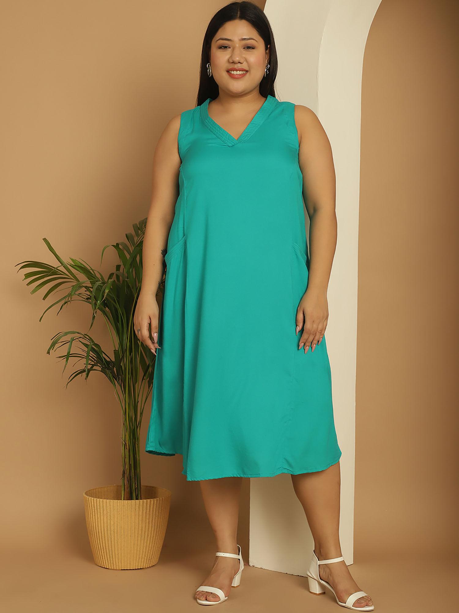plus size women's turquoise solid color a-line midi dress