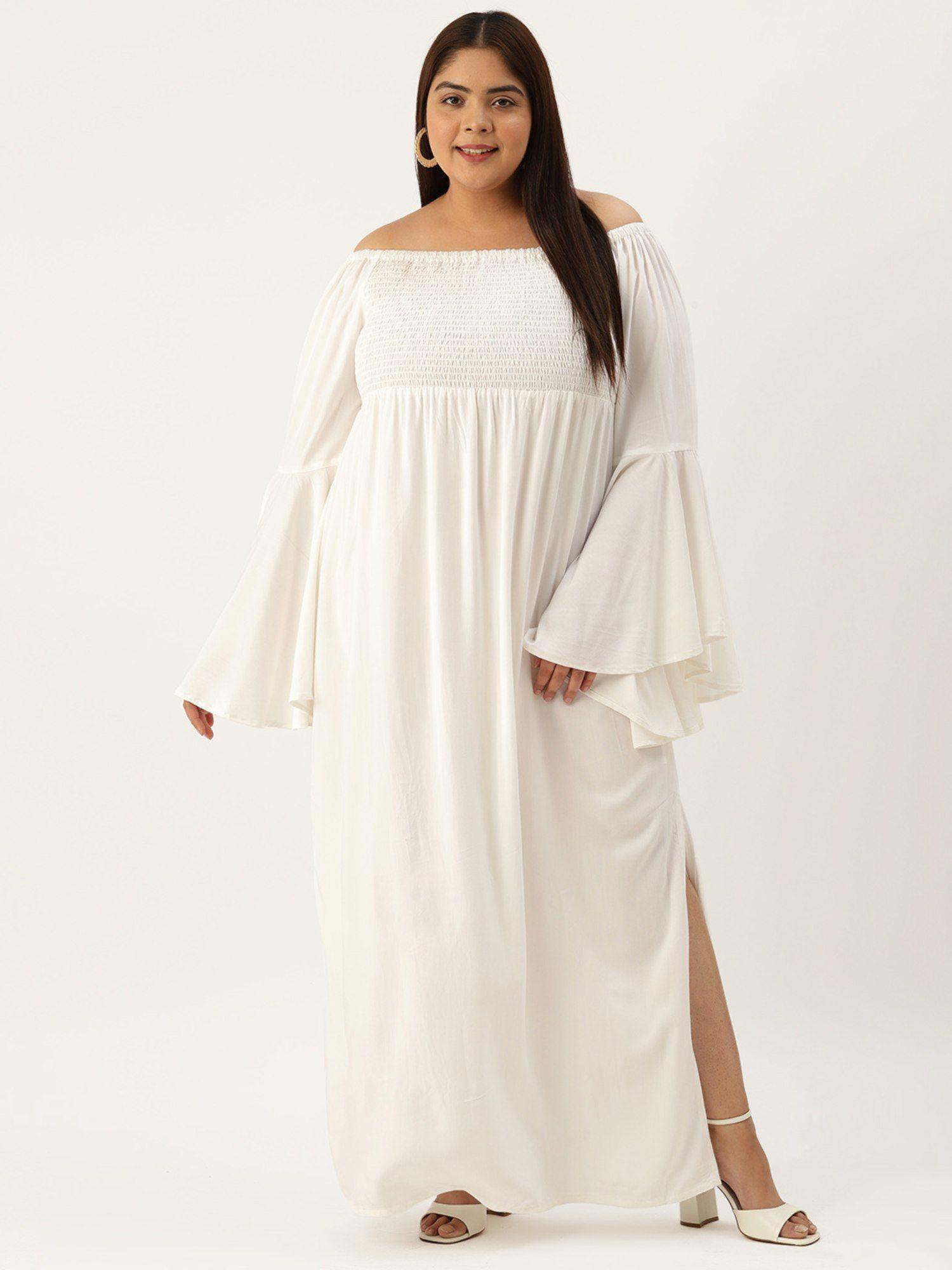 plus size women's white solid color off-shoulder smocked maxi dress