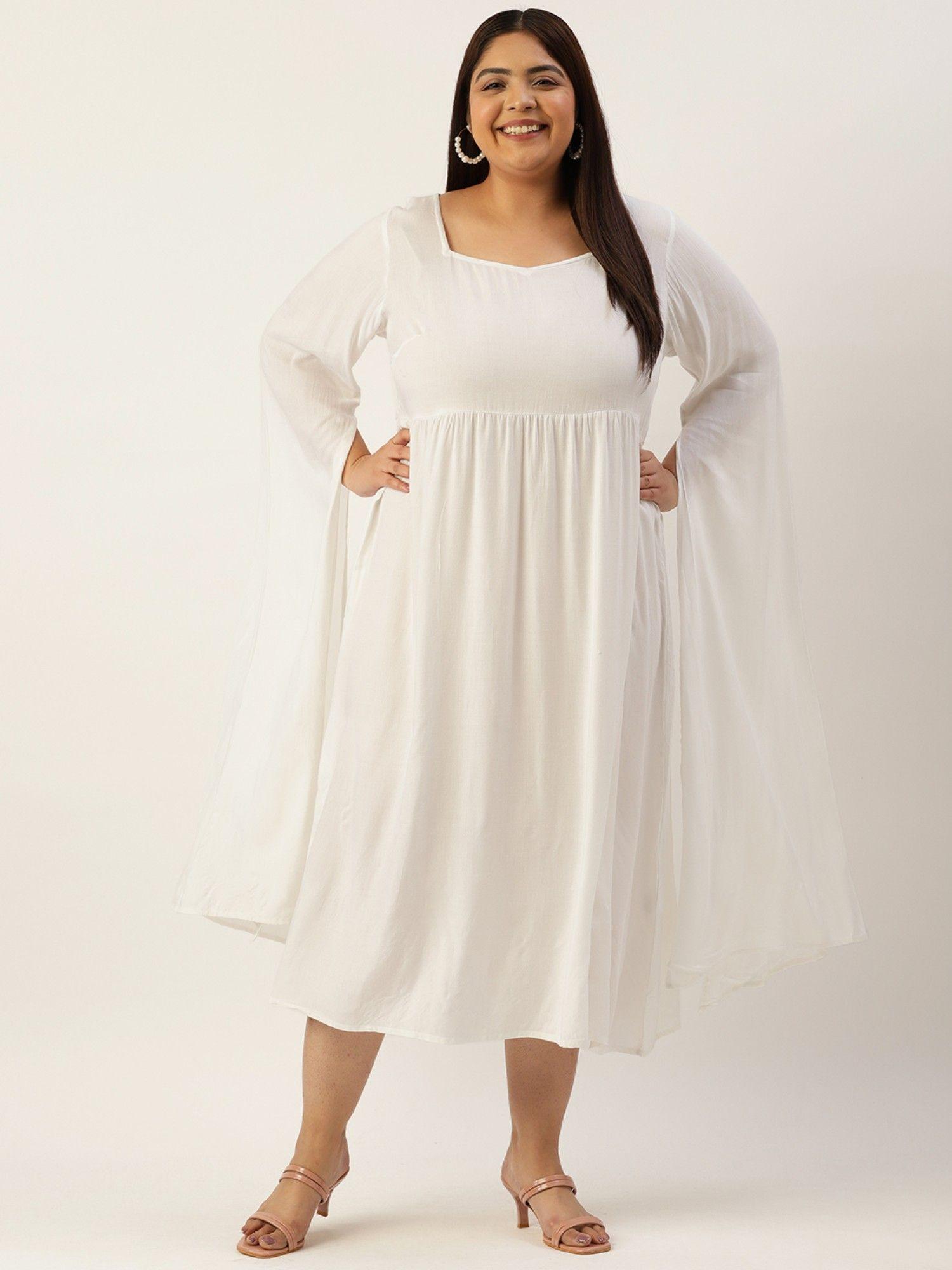 plus size women's white solid color slit sleeves a-line dress