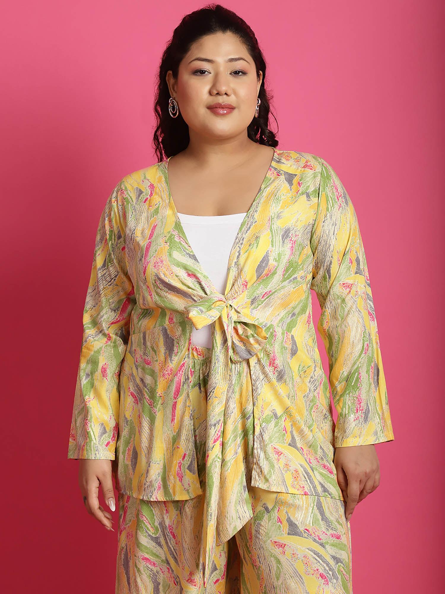 plus size women's yellow gold foil printed tie-up shrug