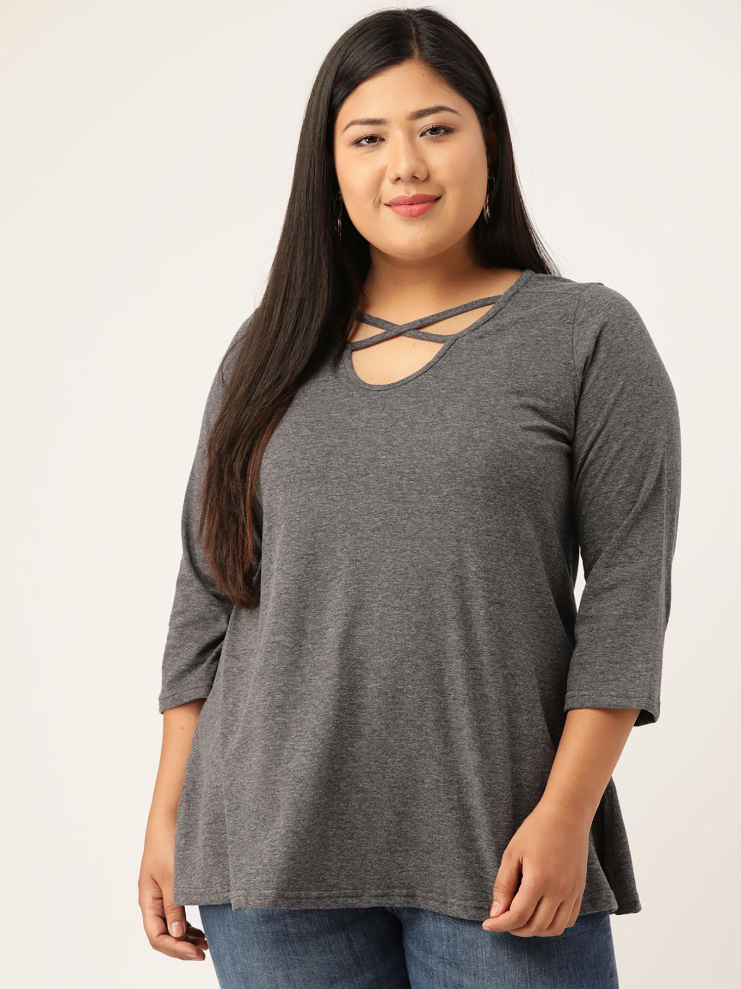 plus size women anthragrey solid cut out round neck cotton top