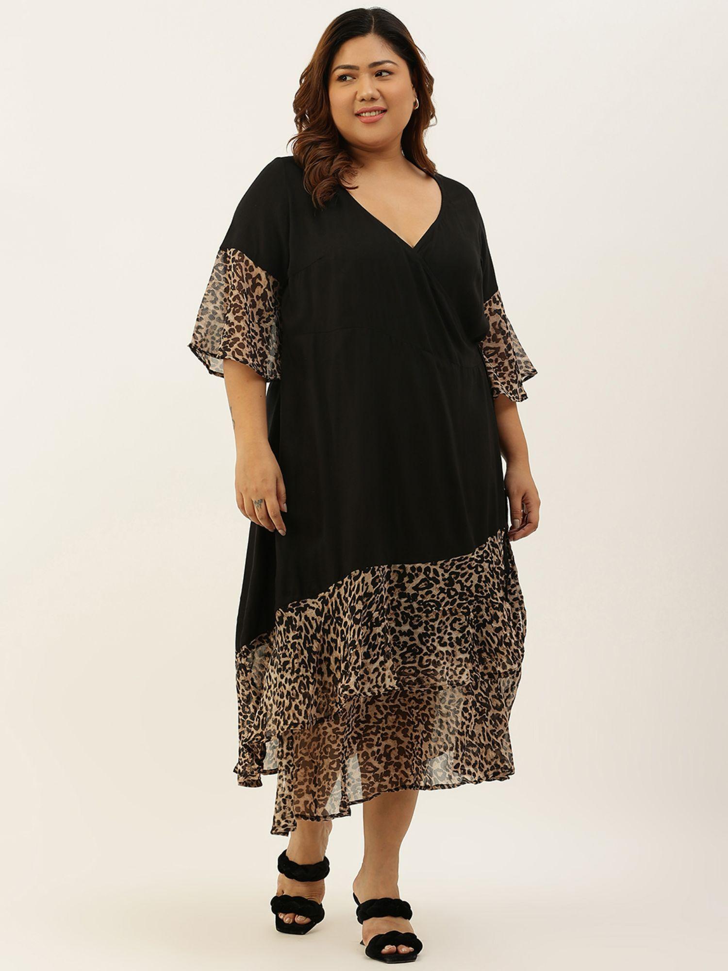 plus size women black & brown animal printed wrap midi dress