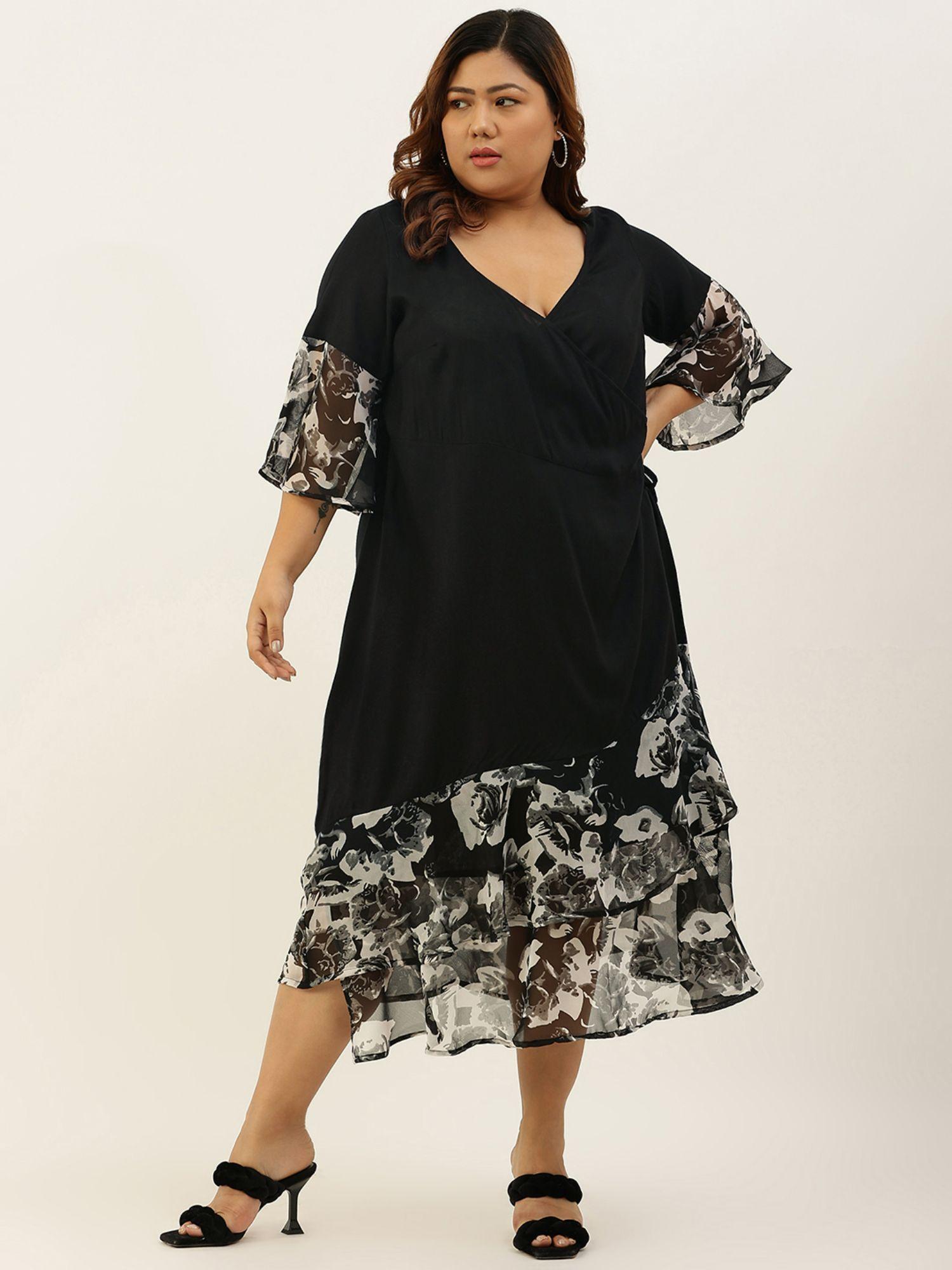 plus size women black & off white floral printed wrap midi dress