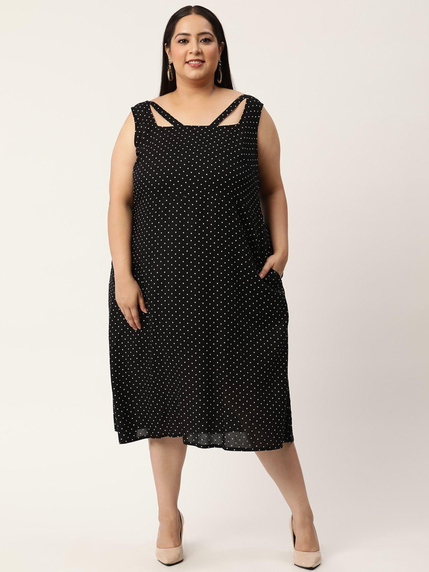 plus size women black & white polka dot printed a-line midi dress