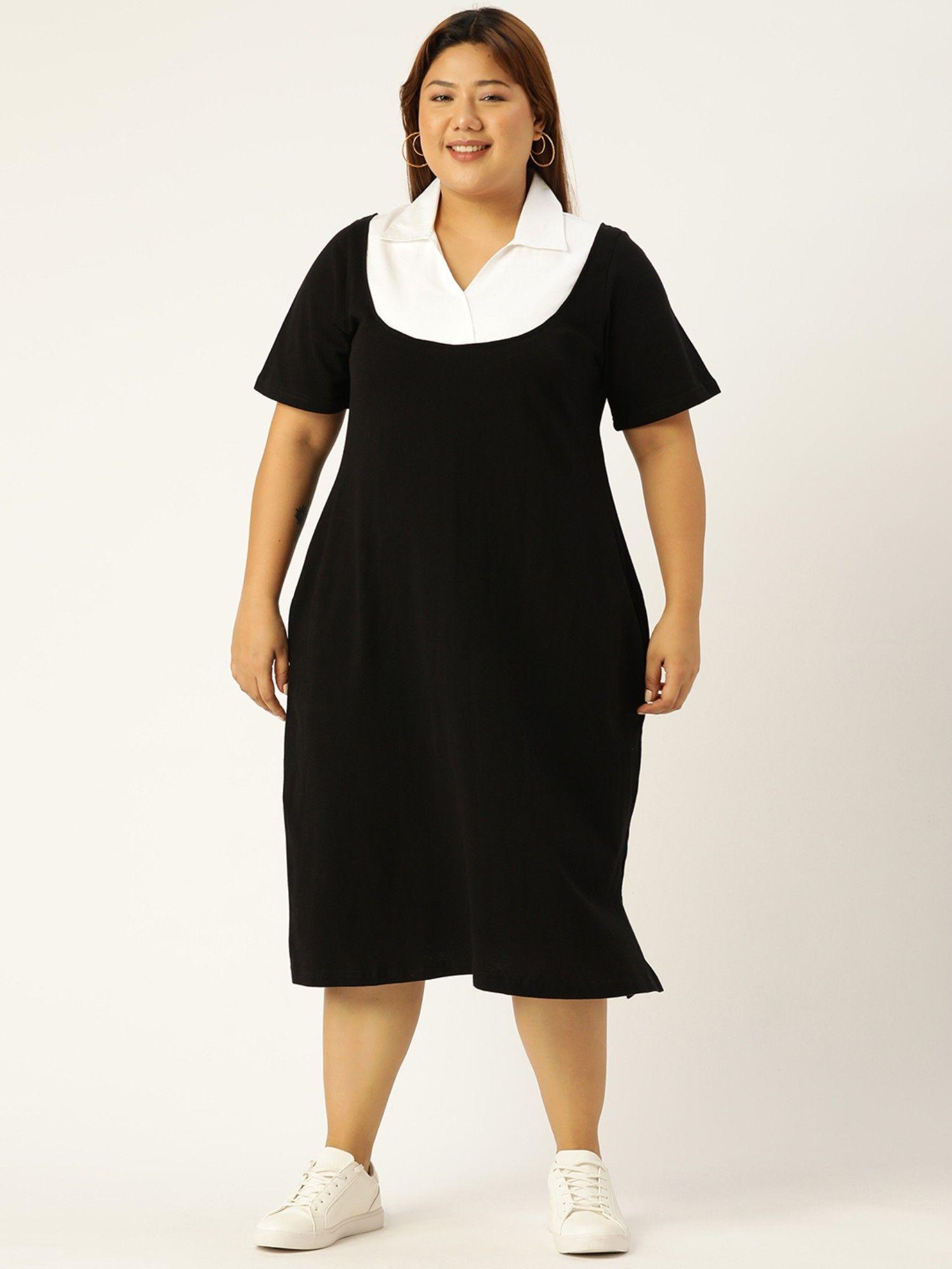 plus size women black & white solid color shirt collar dress