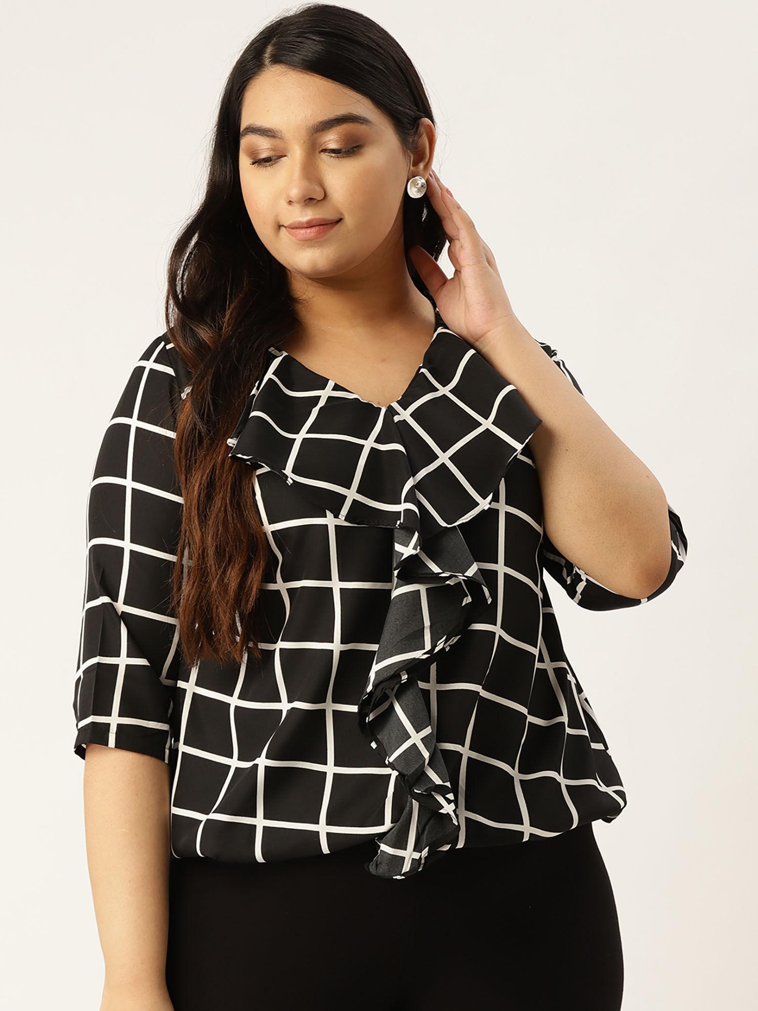 plus size women black and white checked ruffled top