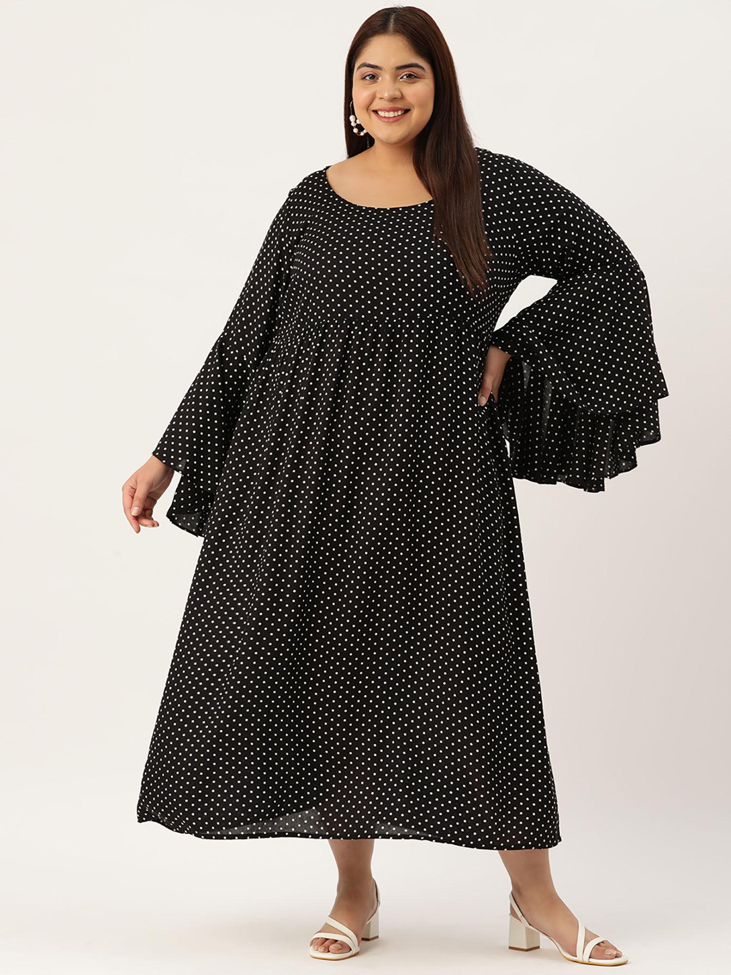 plus size women black polka dot printed bell sleeves a-line midi dress