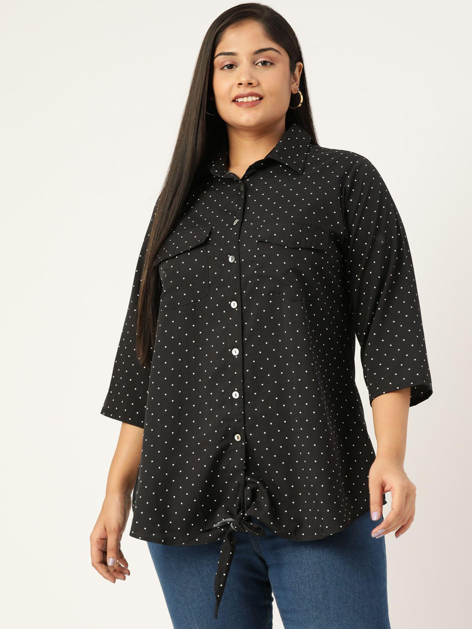 plus size women black polka dot printed button closure casual shirt