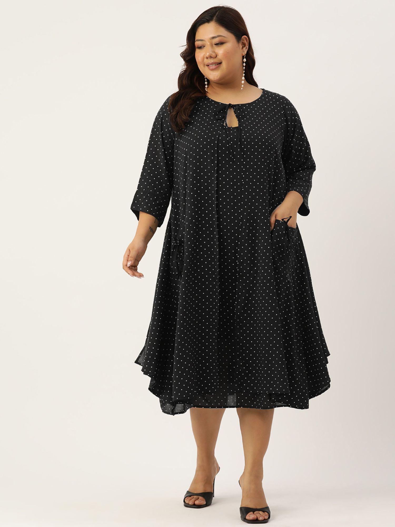 plus size women black polka dot printed round neck layered midi dress (set of 2)