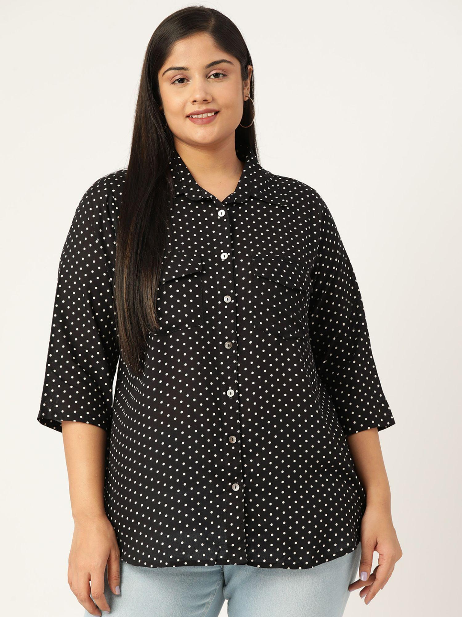 plus size women black polka dot printed spread collar casual shirt