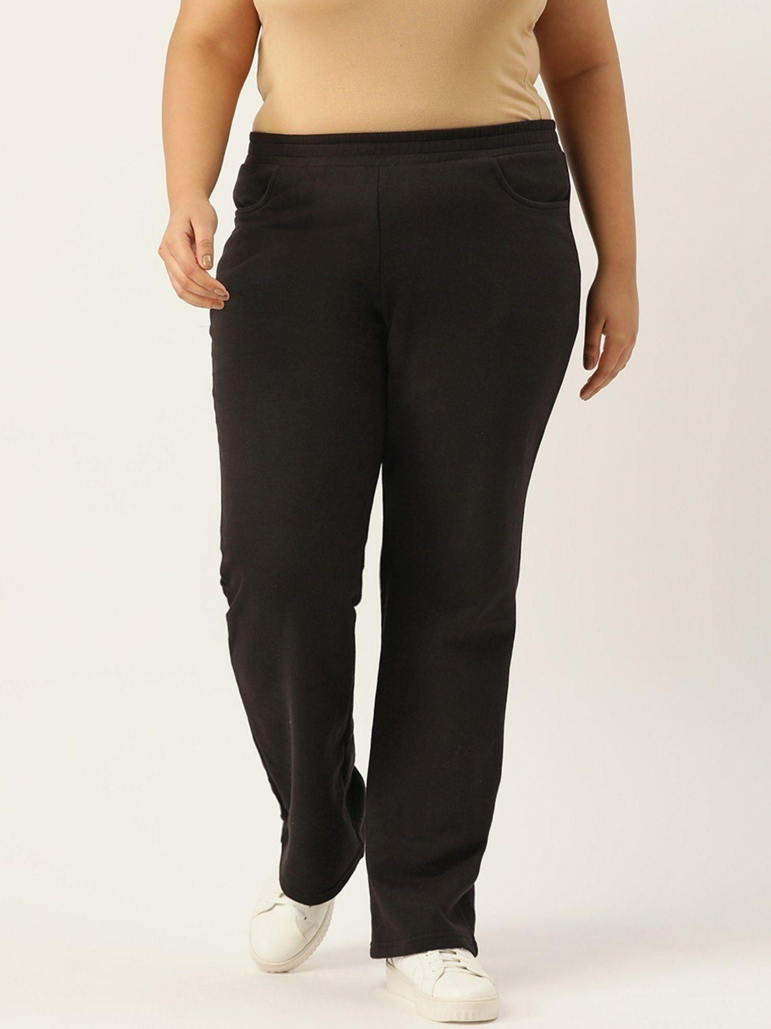 plus size women black solid color elastic waist winter trousers