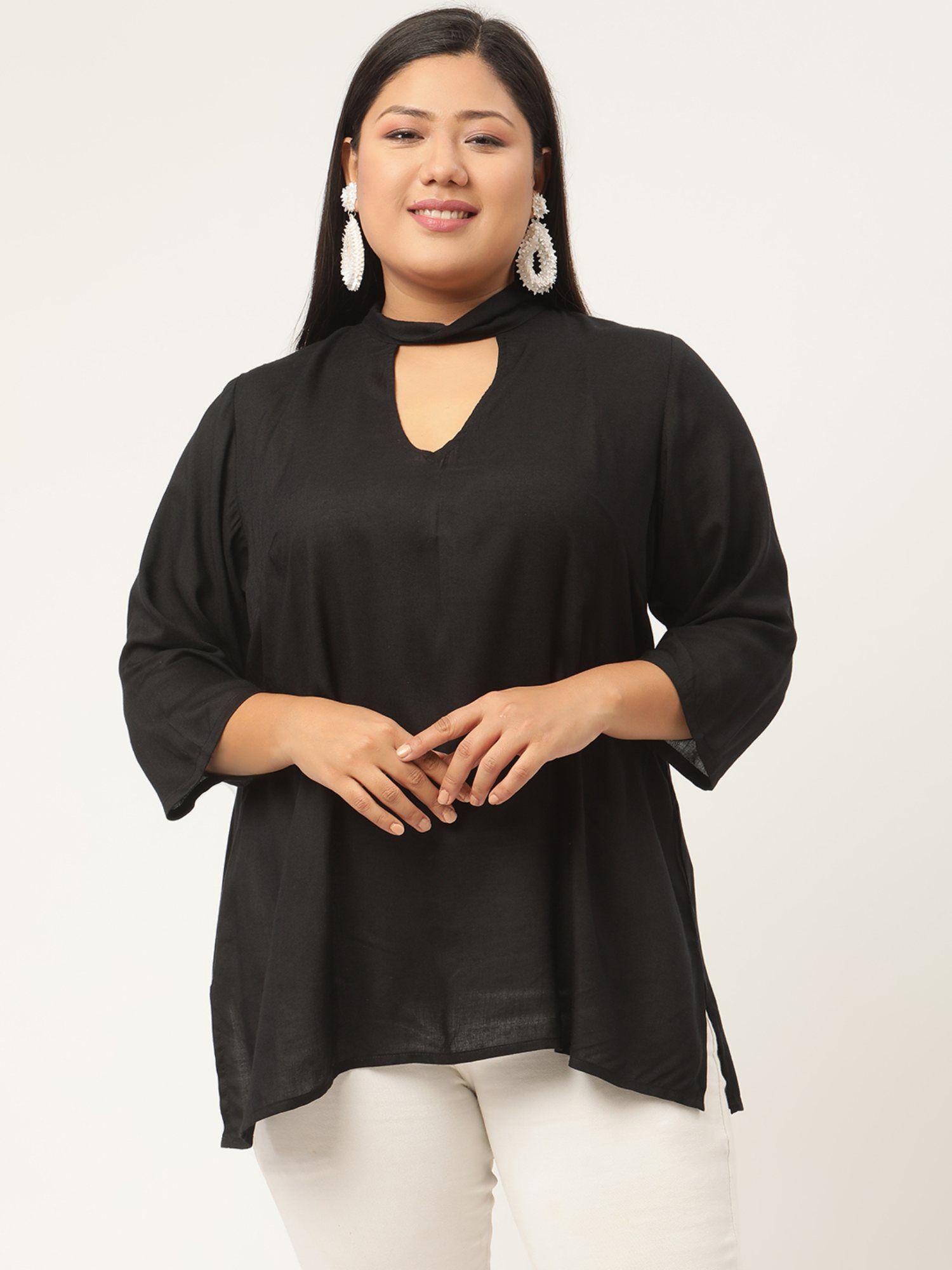 plus size women black solid color high neck top