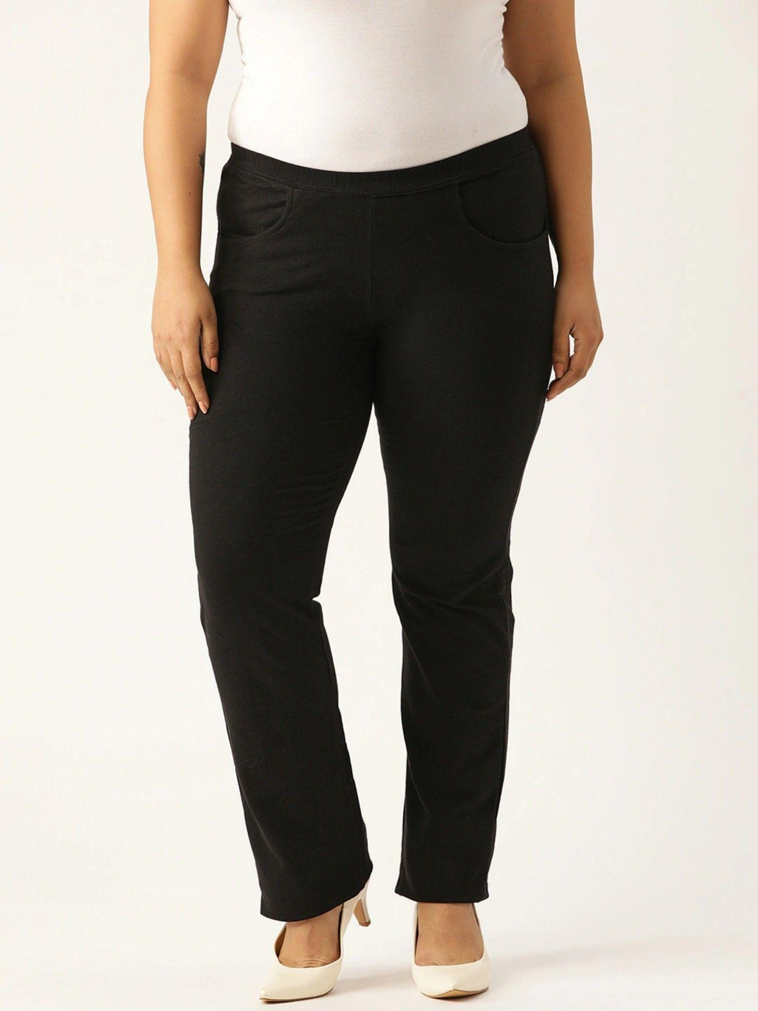 plus size women black solid color high rise knitted trousers