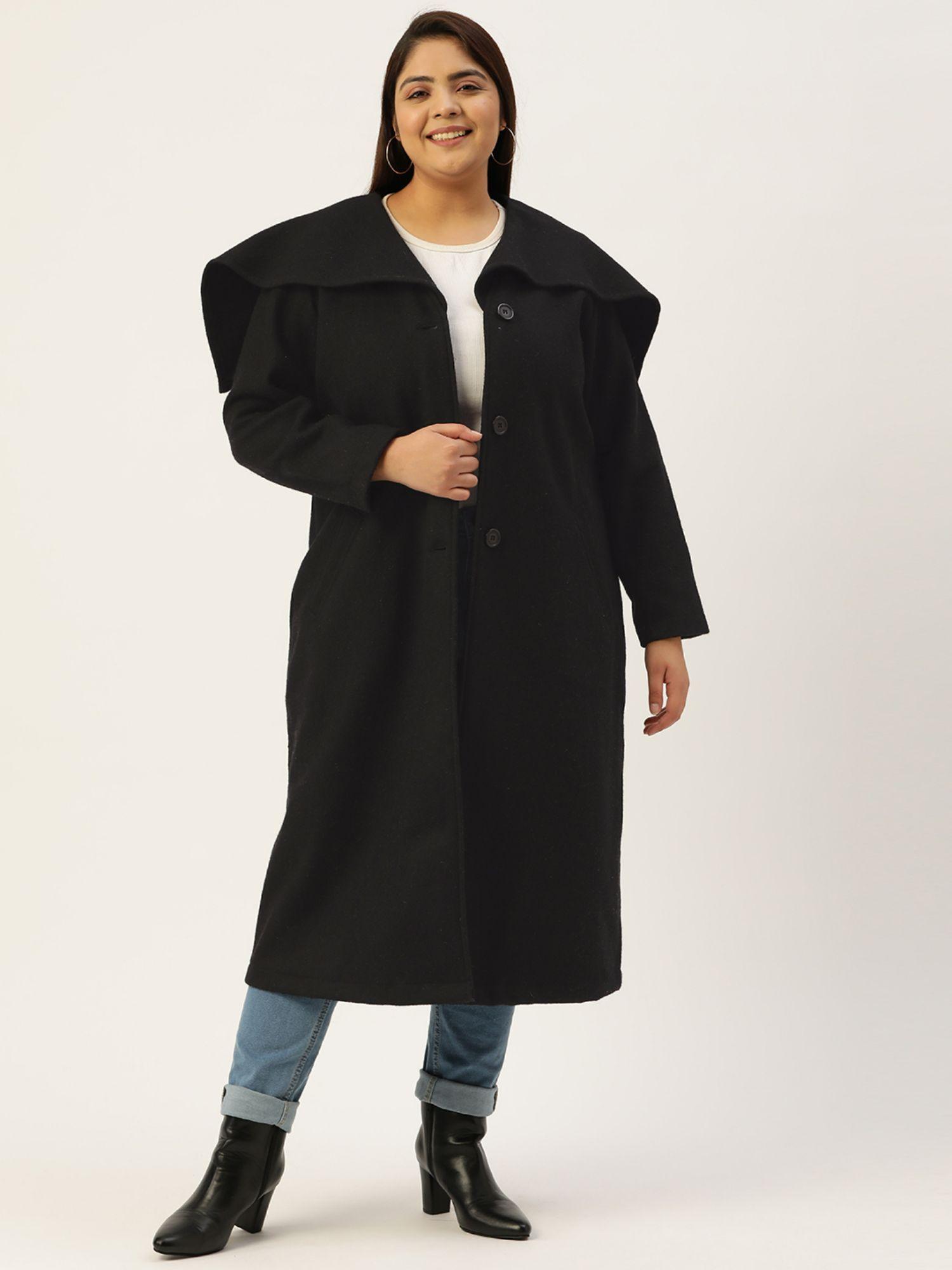 plus size women black solid color lapel collar longline jacket