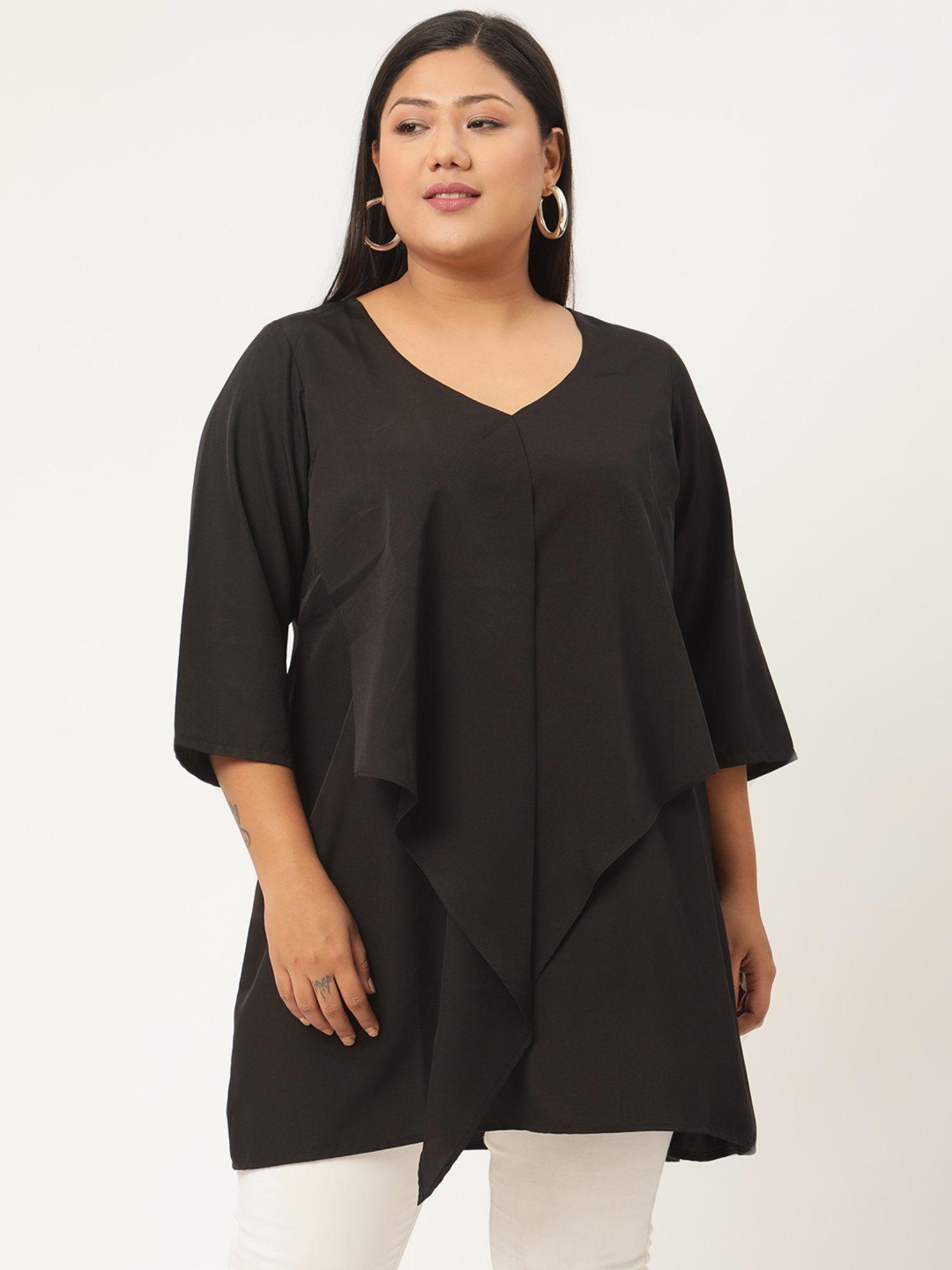 plus size women black solid color ruffles regular top