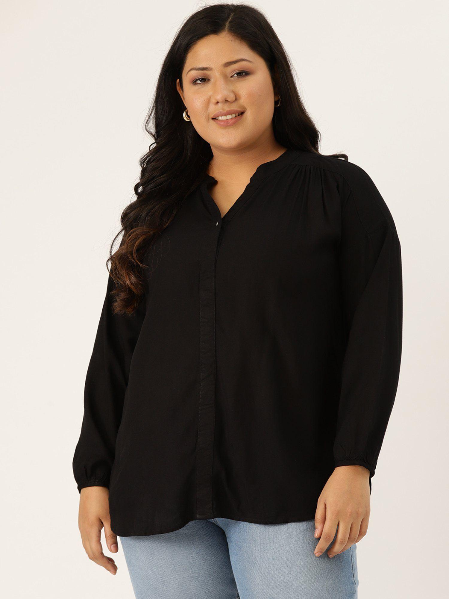 plus size women black solid color smocked detail high low top