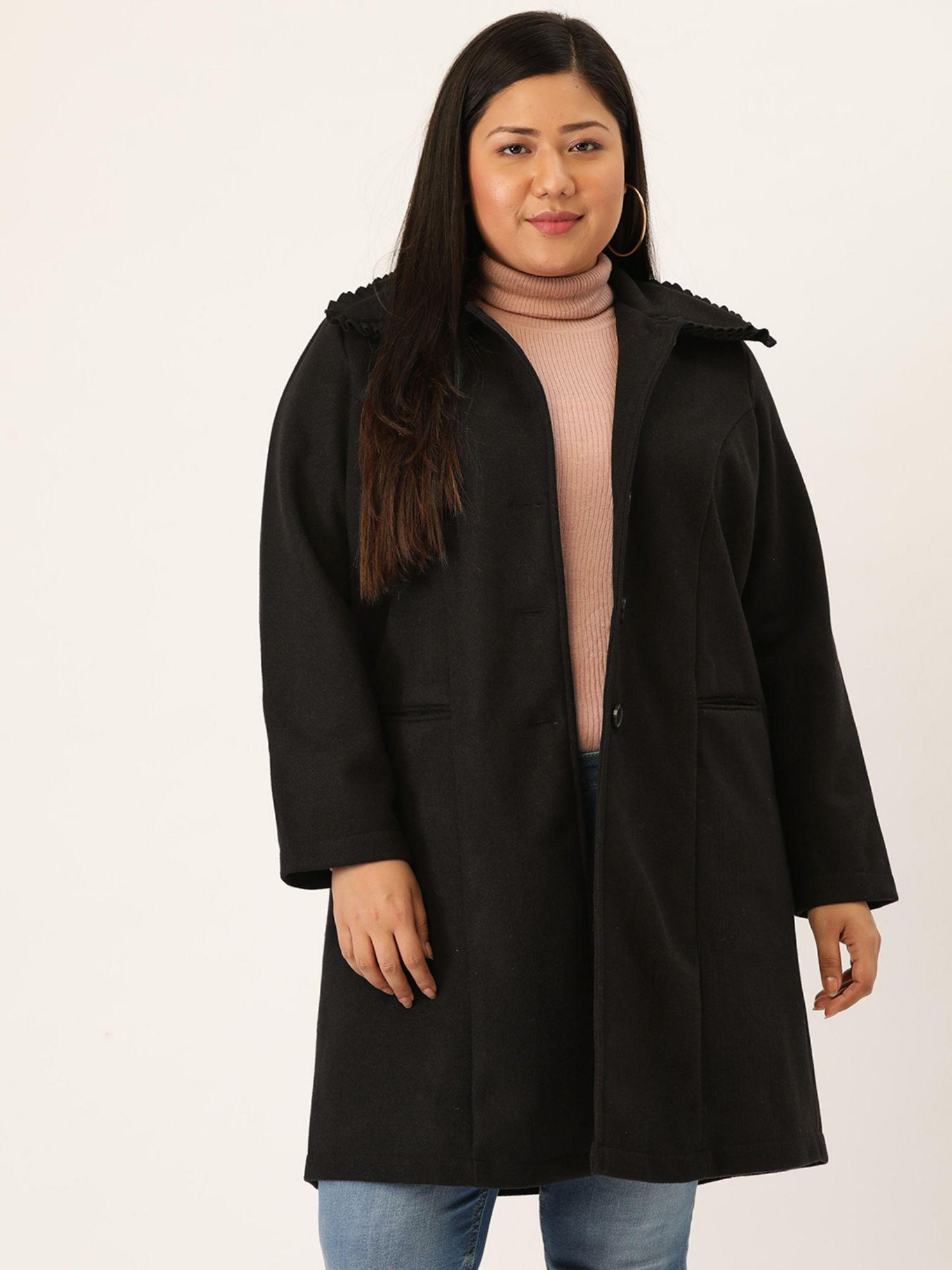 plus size women black solid color spread collar felt longline coat