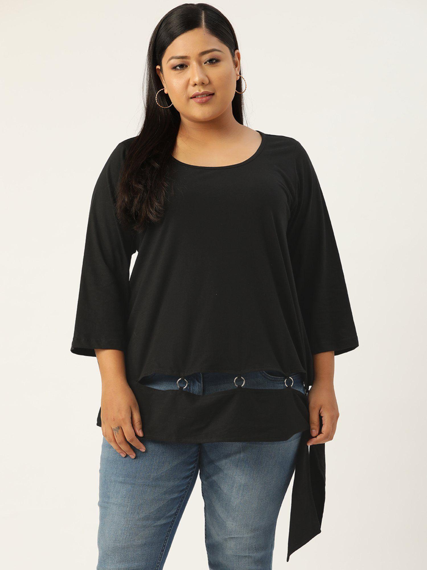 plus size women black solid color top with ring detail at bottom