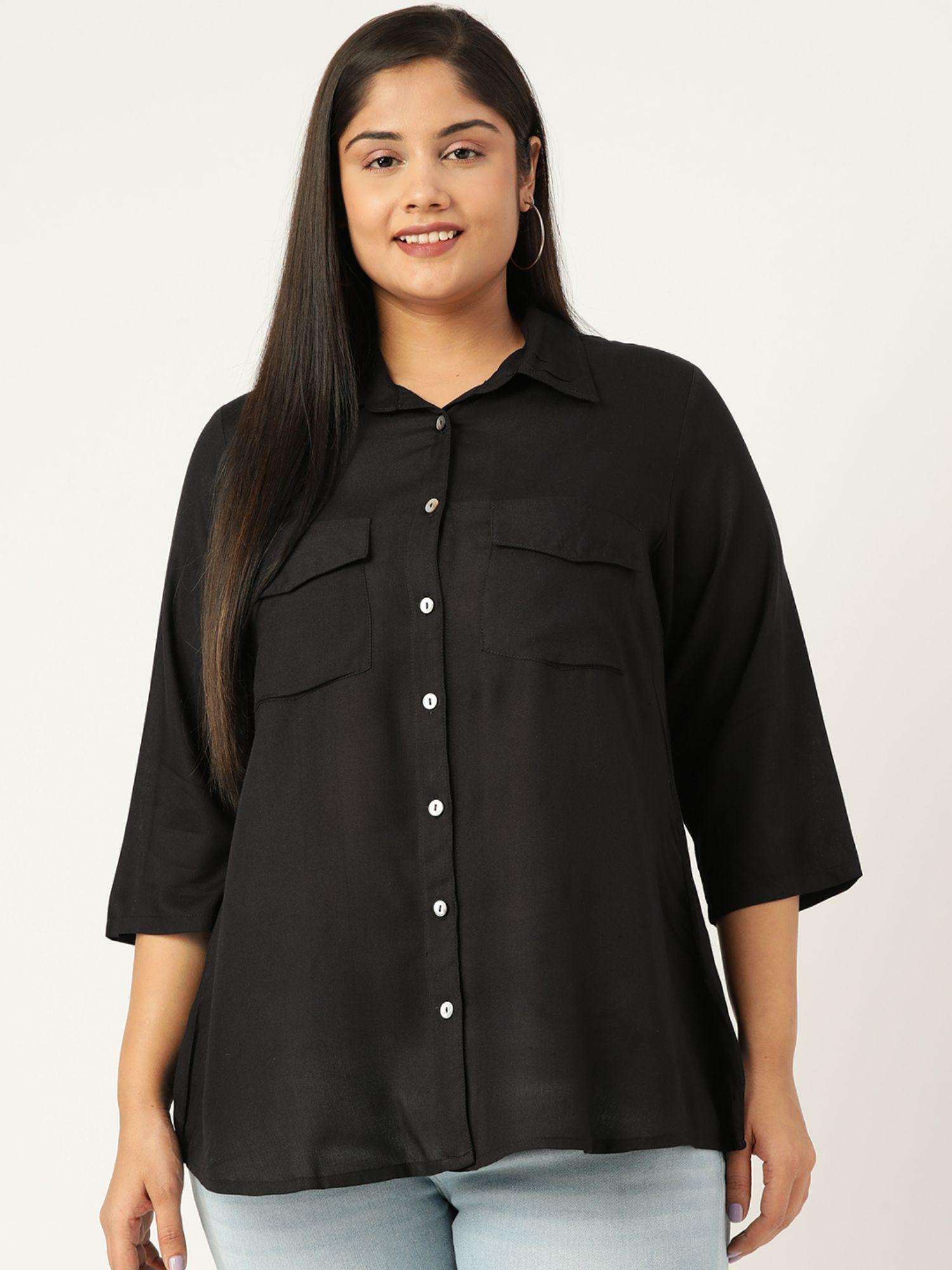 plus size women black solid colour spread collar casual shirt