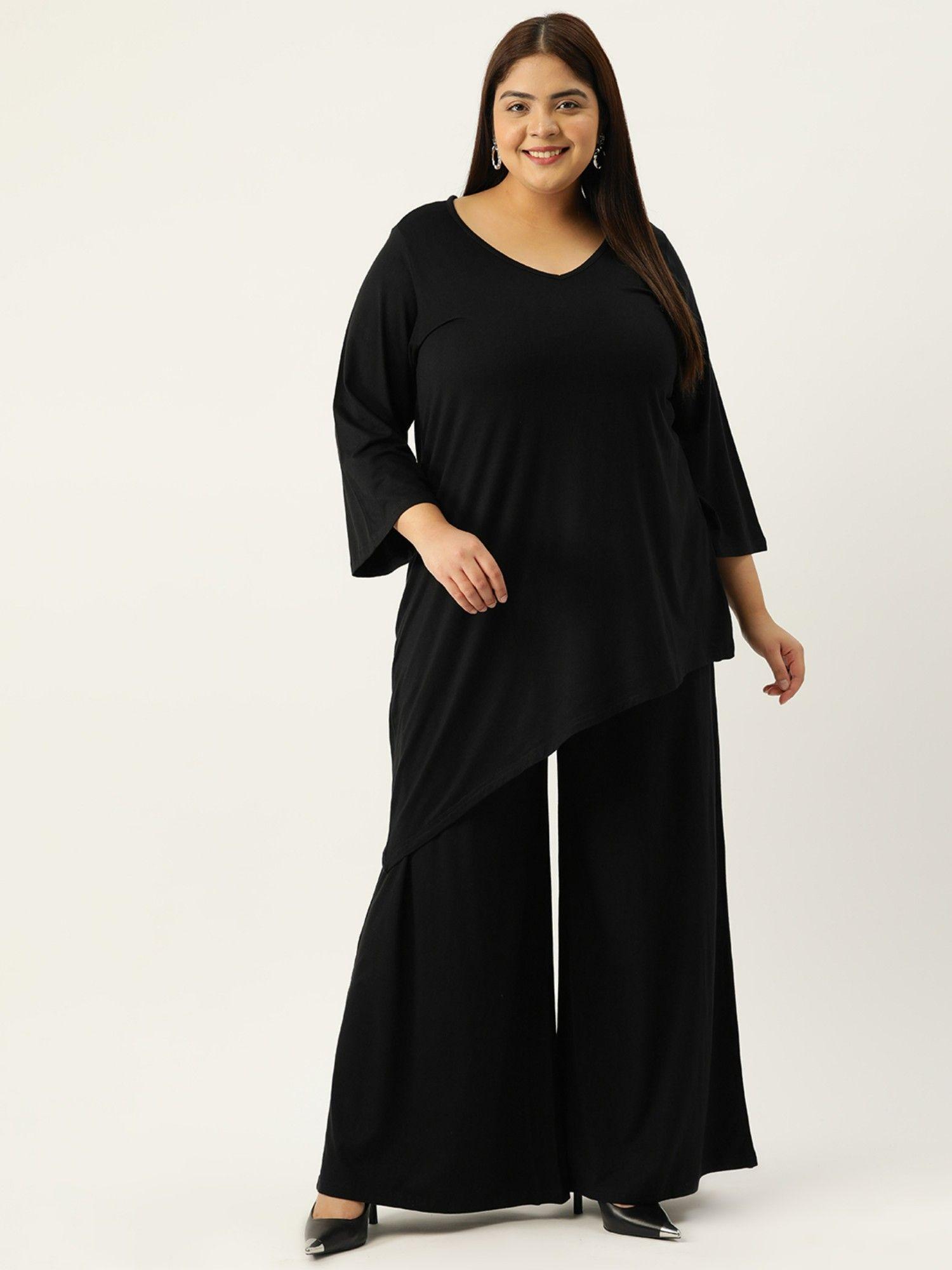 plus size women black solid colour top with palazzos (set of 2)