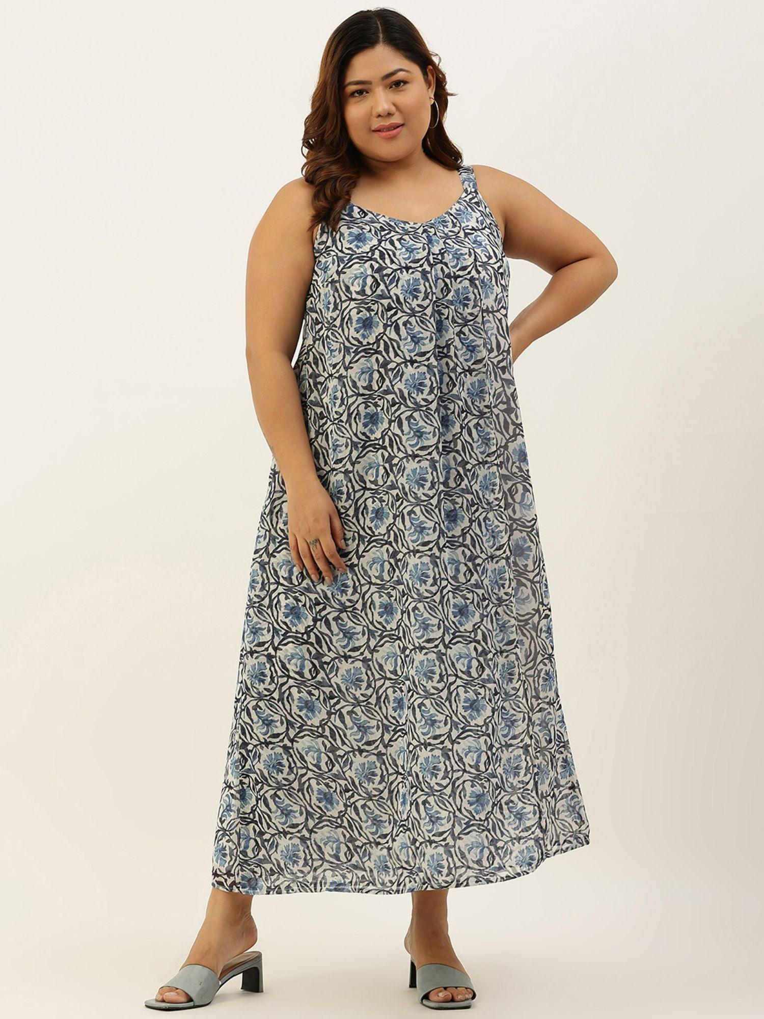 plus size women blue floral printed a-line sleeveless maxi dress