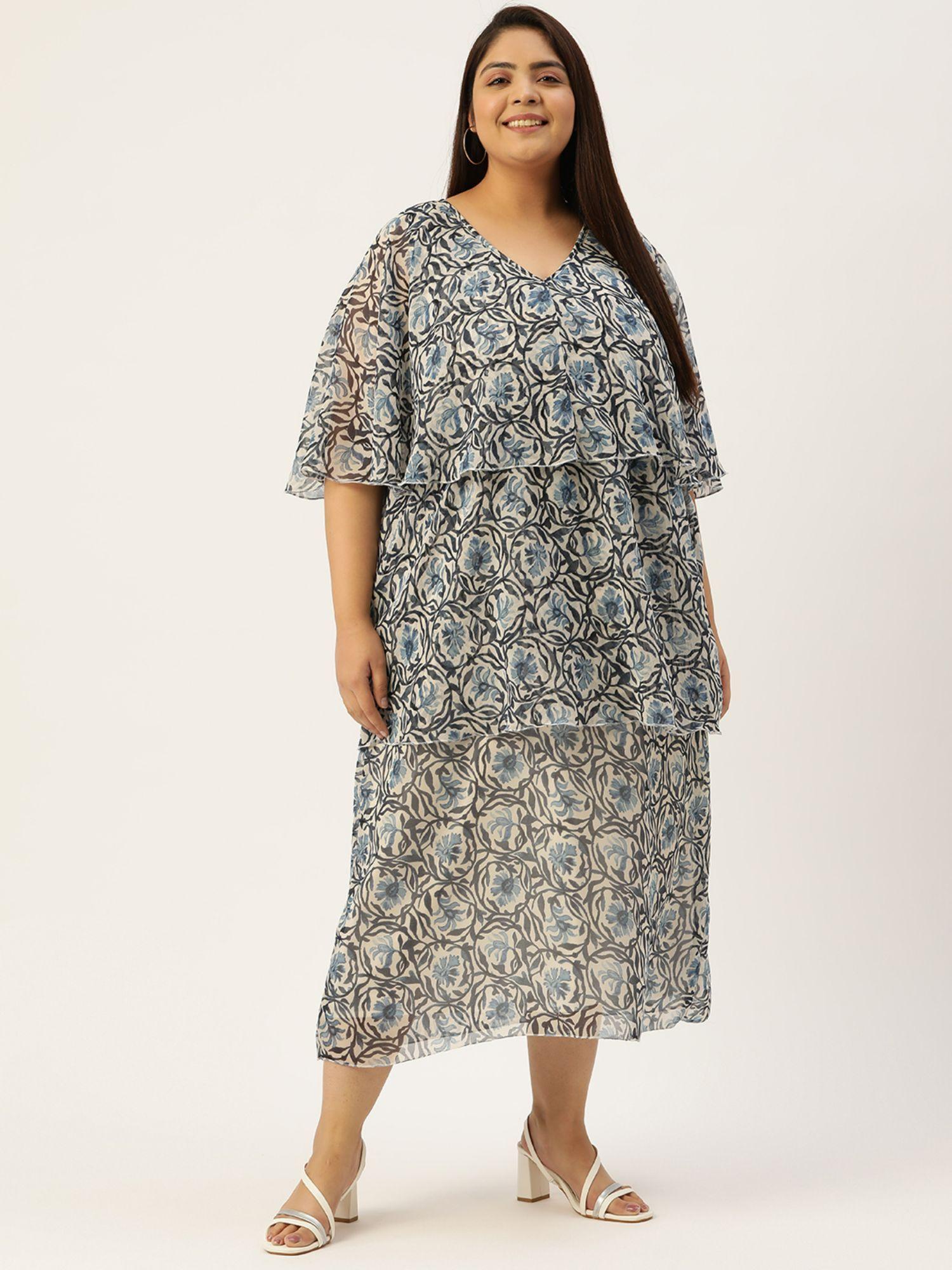 plus size women blue floral printed georgette layered midi dress