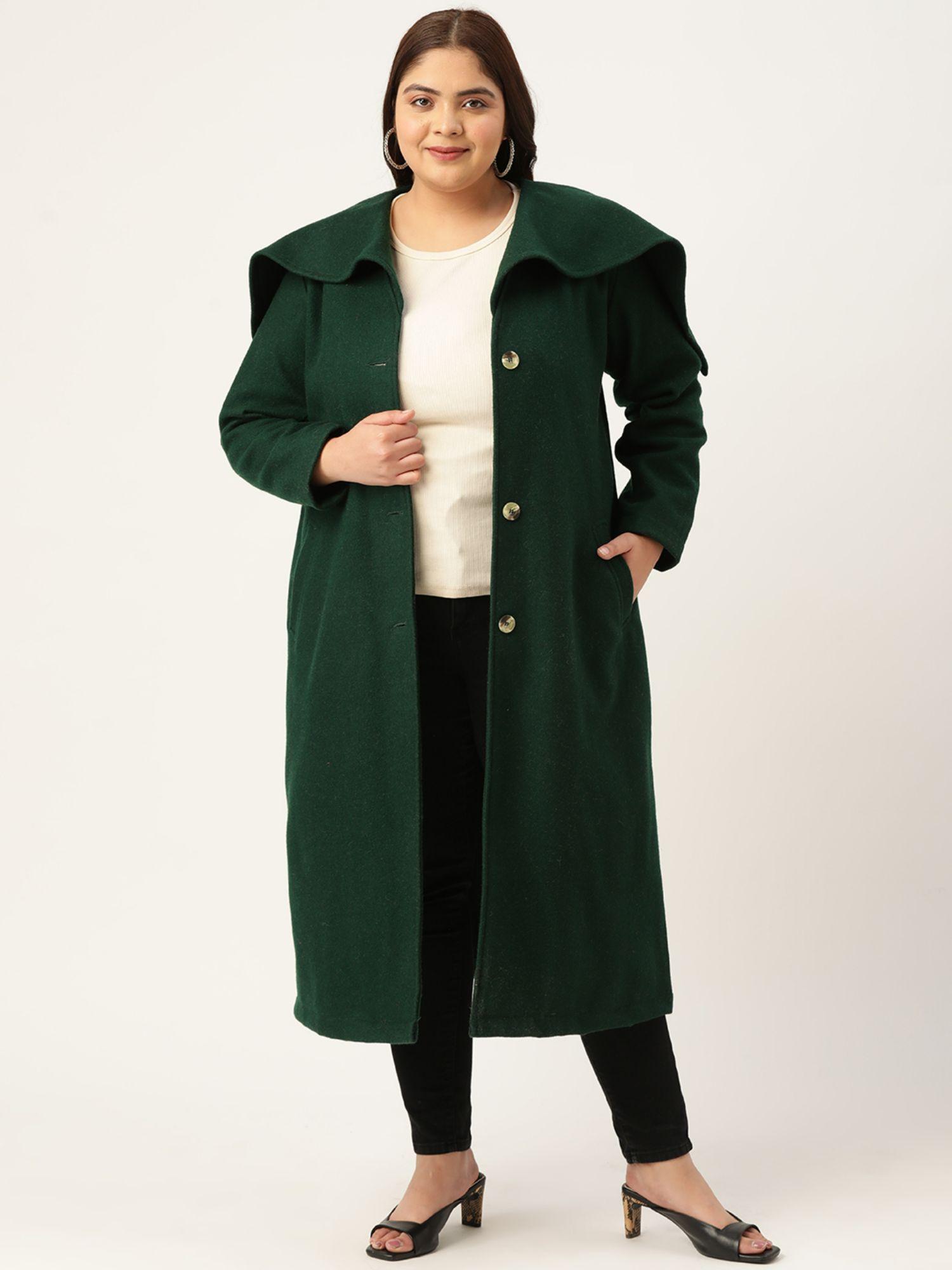 plus size women bottle green solid color lapel collar longline jacket