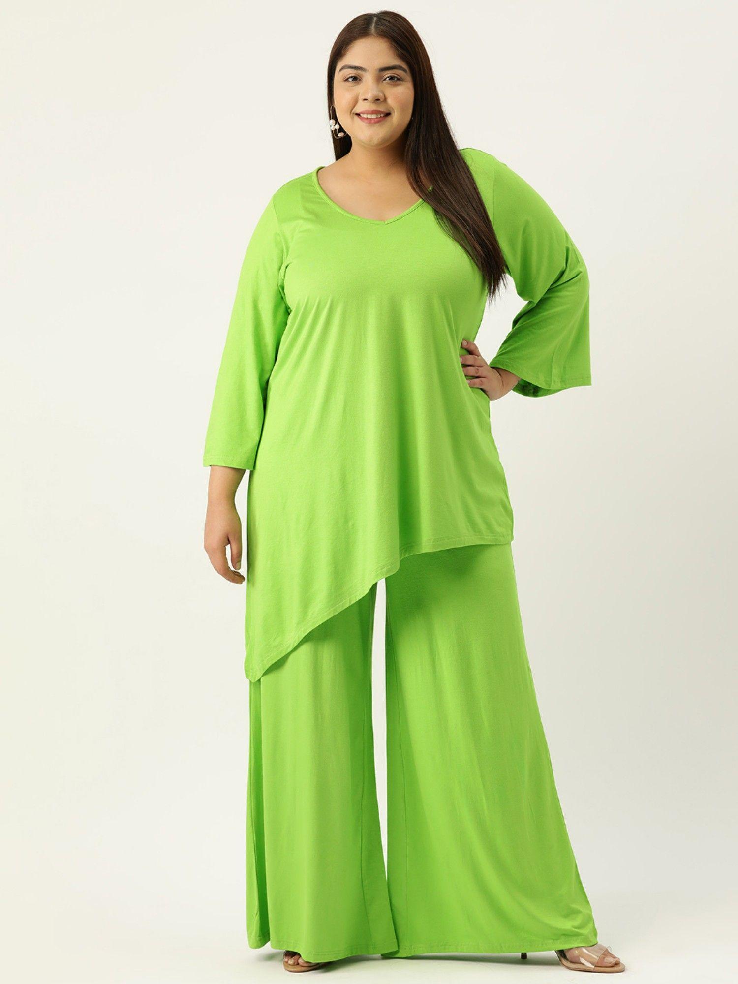 plus size women bright green solid colour top with palazzos (set of 2)