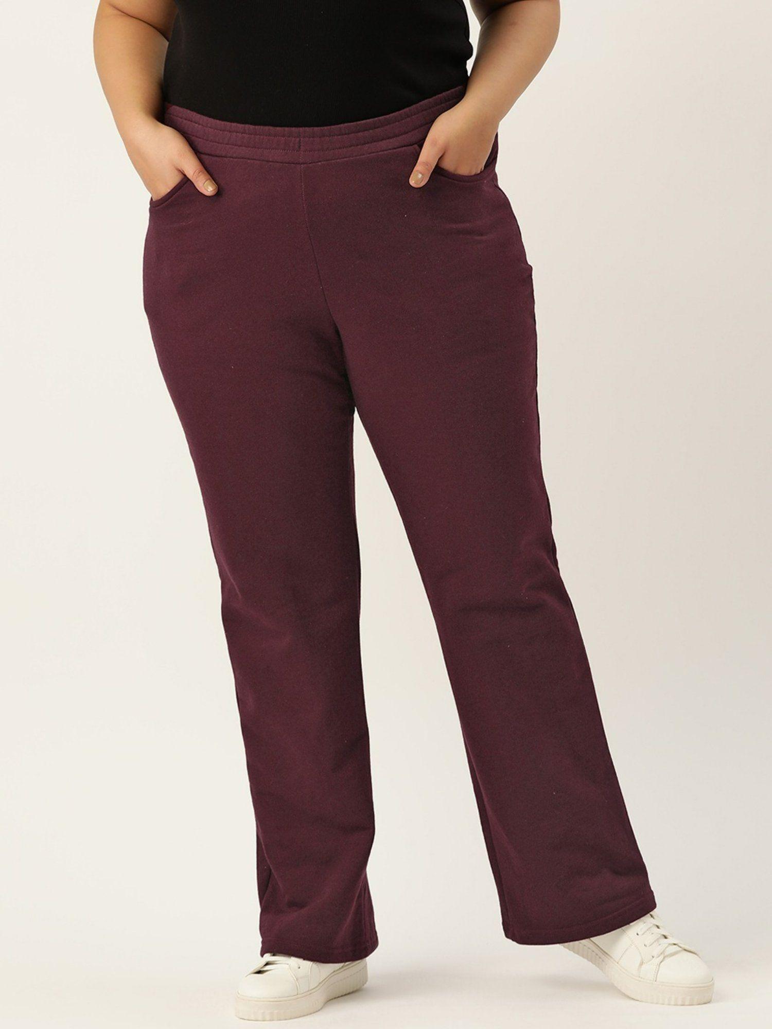 plus size women burgundy solid color elastic waist winter trousers