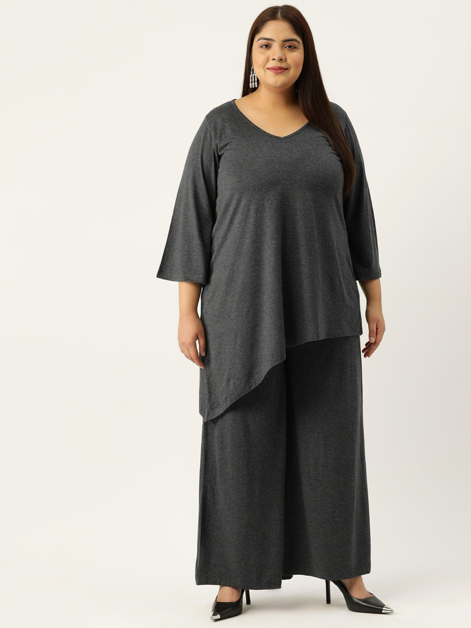 plus size women charcoal grey solid colour top with palazzos (set of 2)