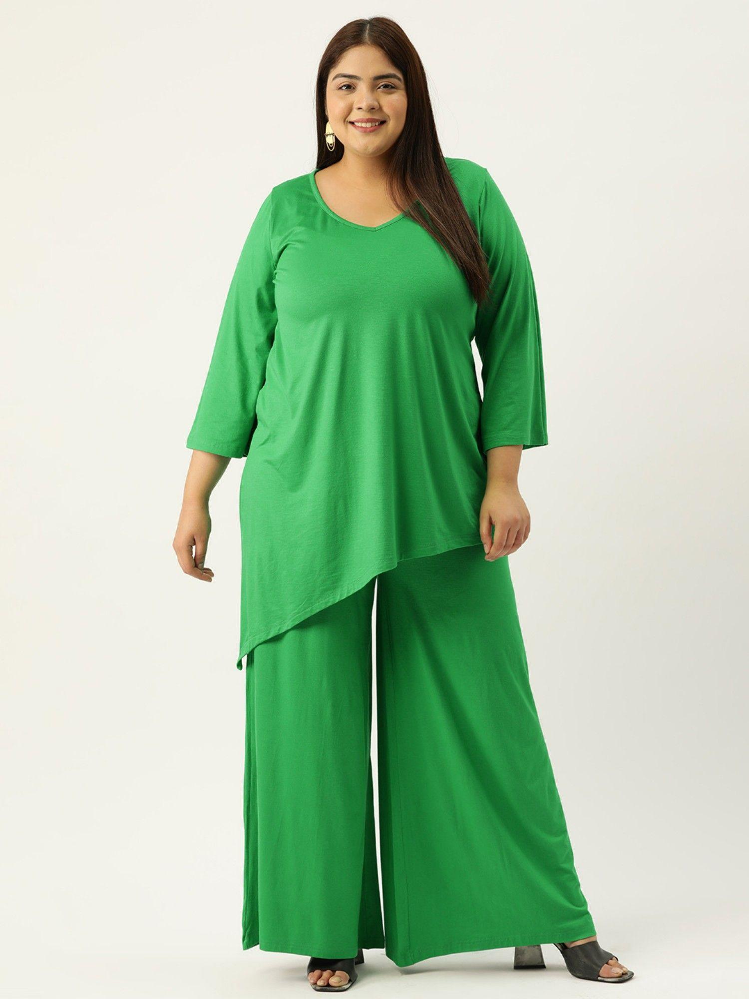 plus size women emerald green solid colour top with palazzos (set of 2)