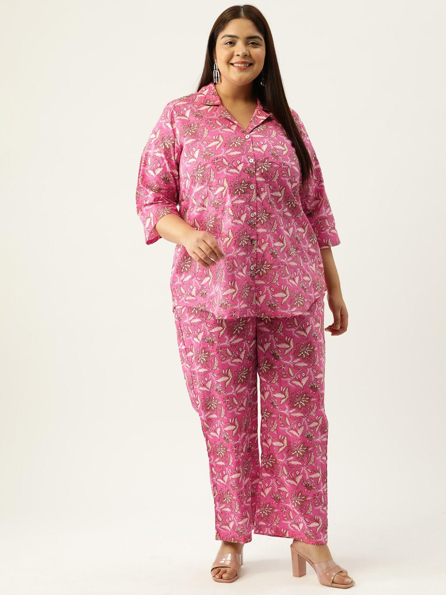 plus size women fuchsia pink floral print collar shirt with trouser (set of 2)