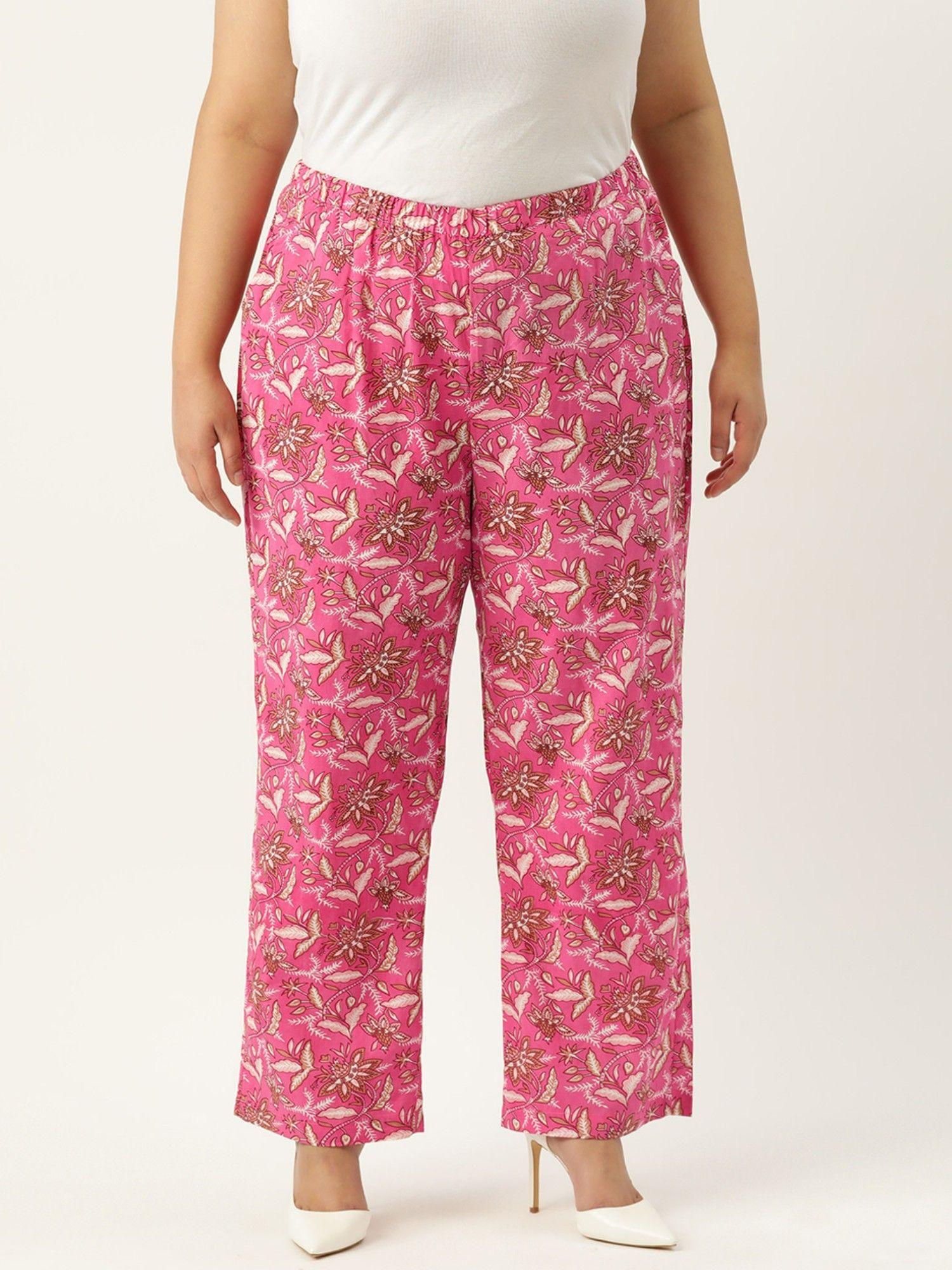 plus size women fuchsia pink floral print cotton trouser