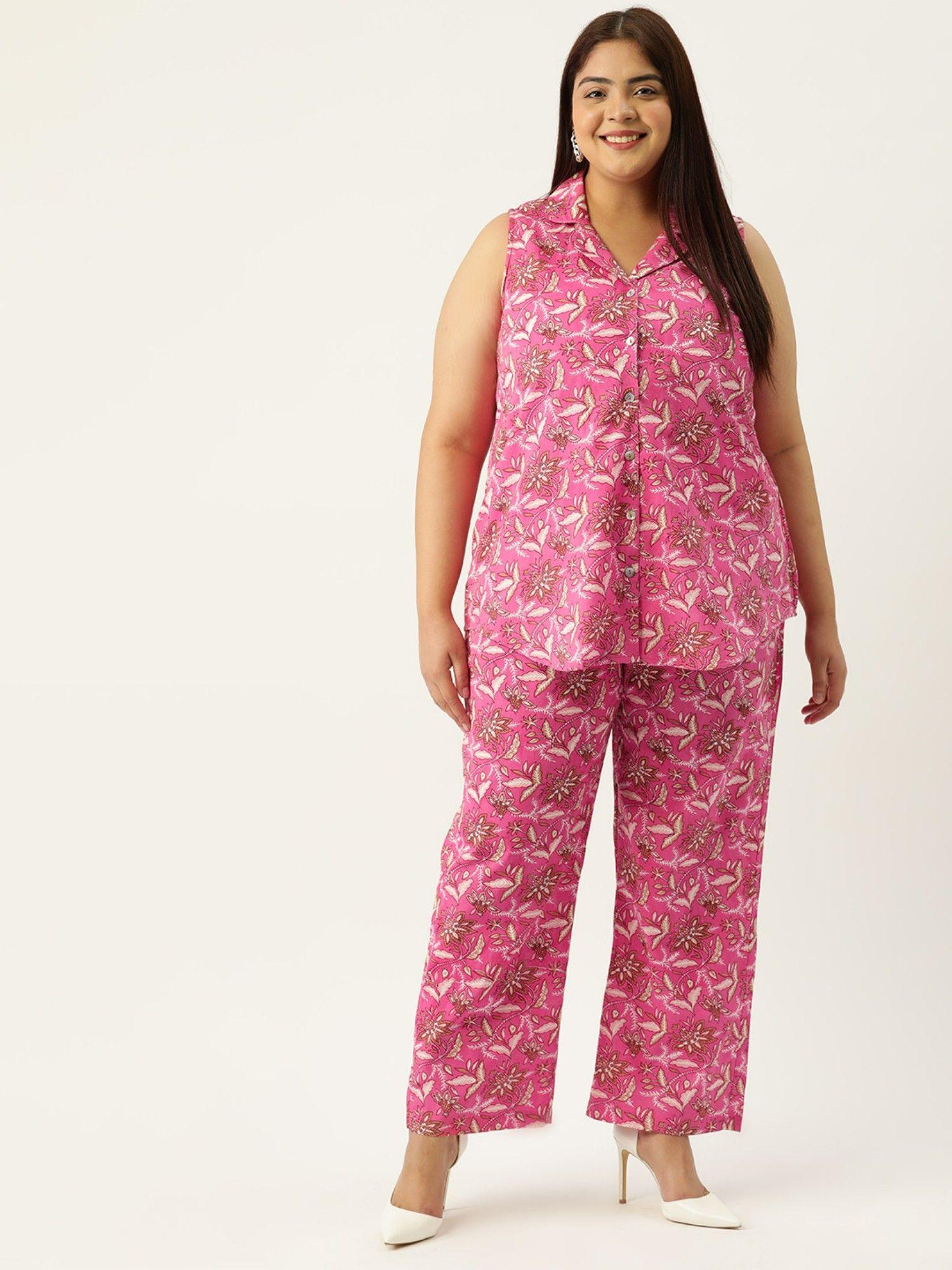 plus size women fuchsia pink floral print shirt with trouser (set of 2)