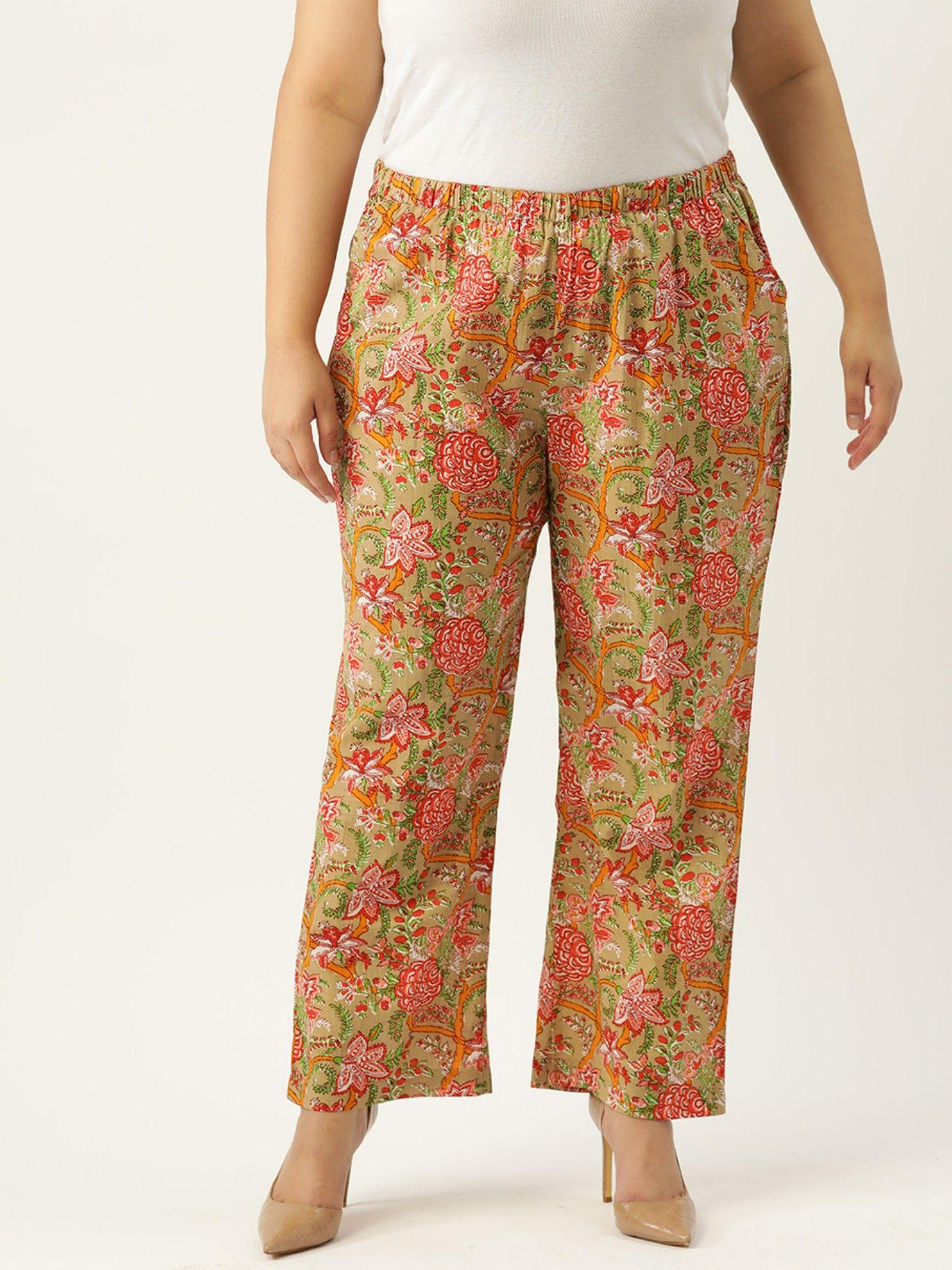 plus size women green floral print cotton trouser