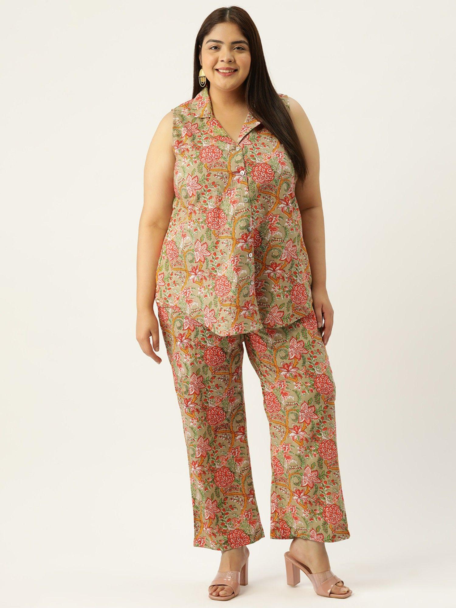 plus size women green floral print shirt with trouser (set of 2)