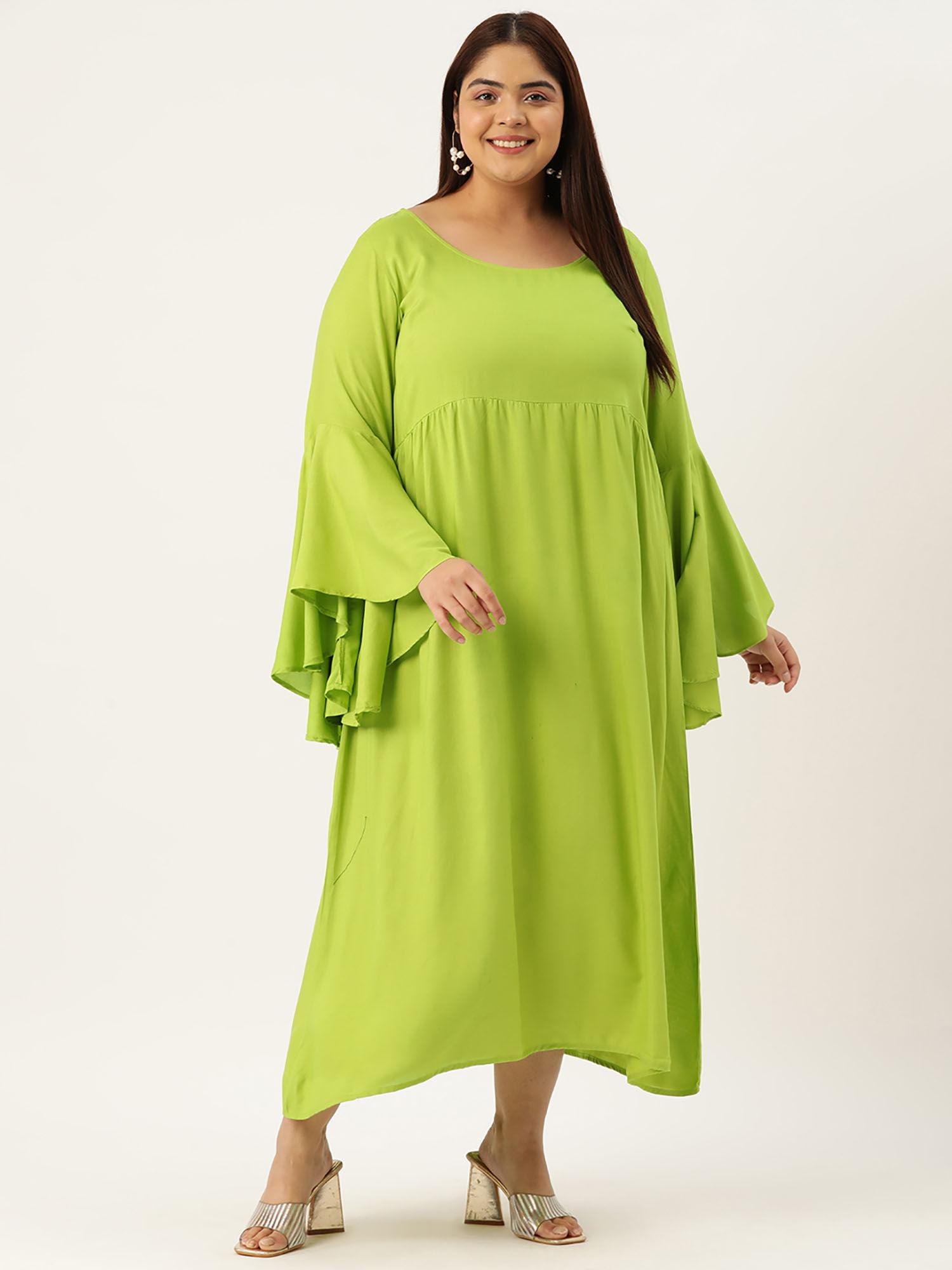 plus size women green solid bell sleeves a-line midi dress