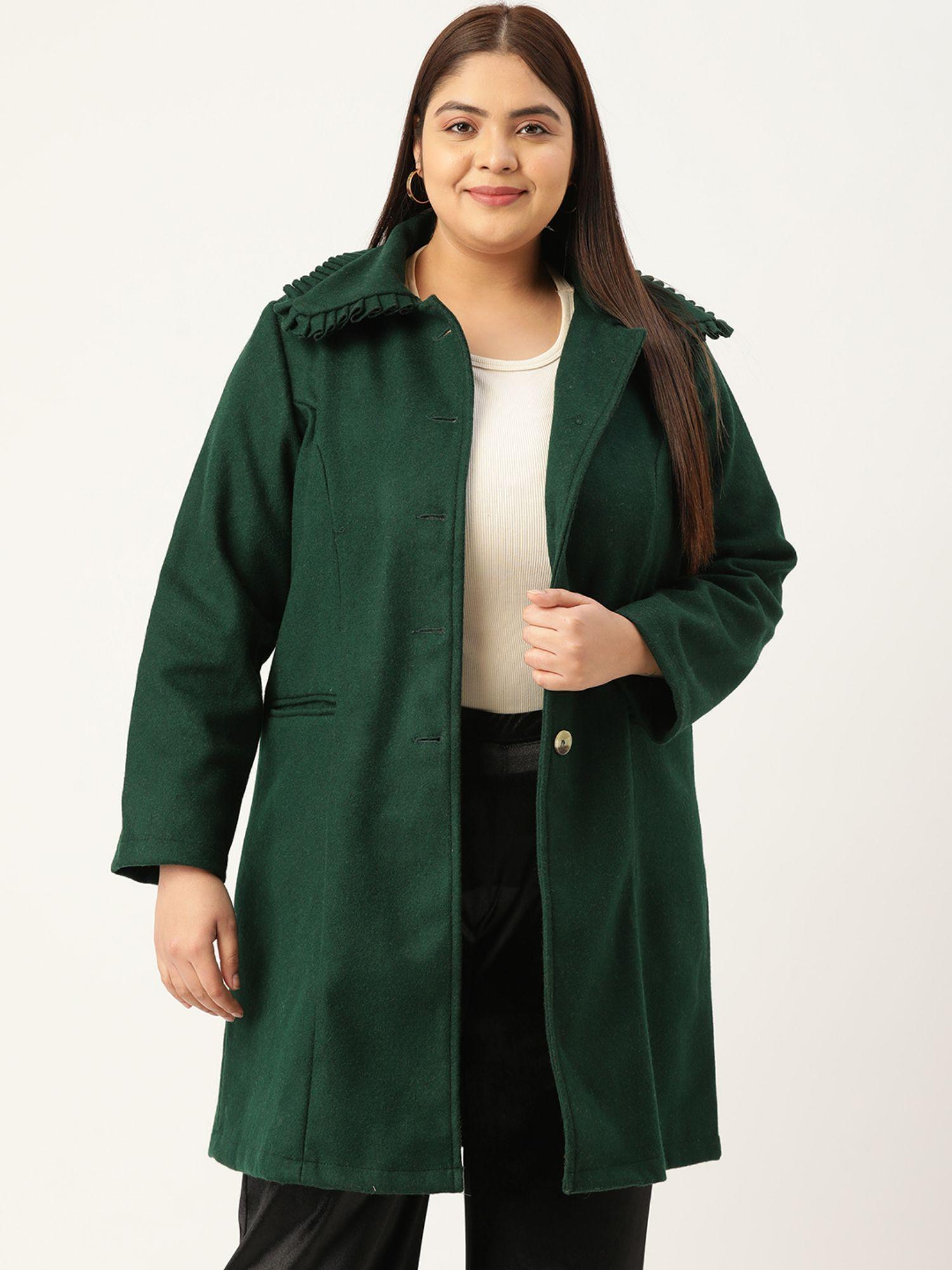 plus size women green solid color spread collar felt longline coat