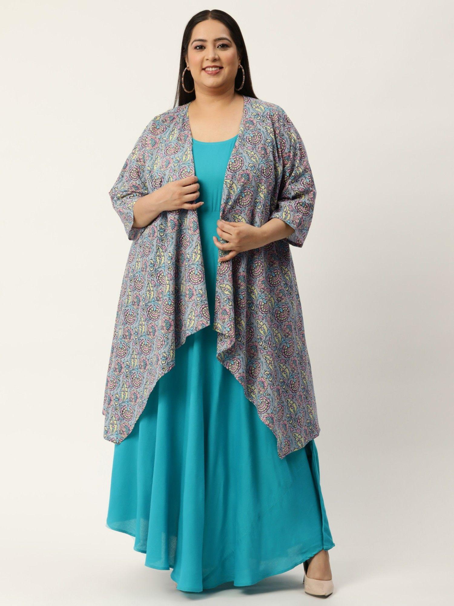 plus size women grey & turquoise blue color maxi dress with shrug (set of 2)