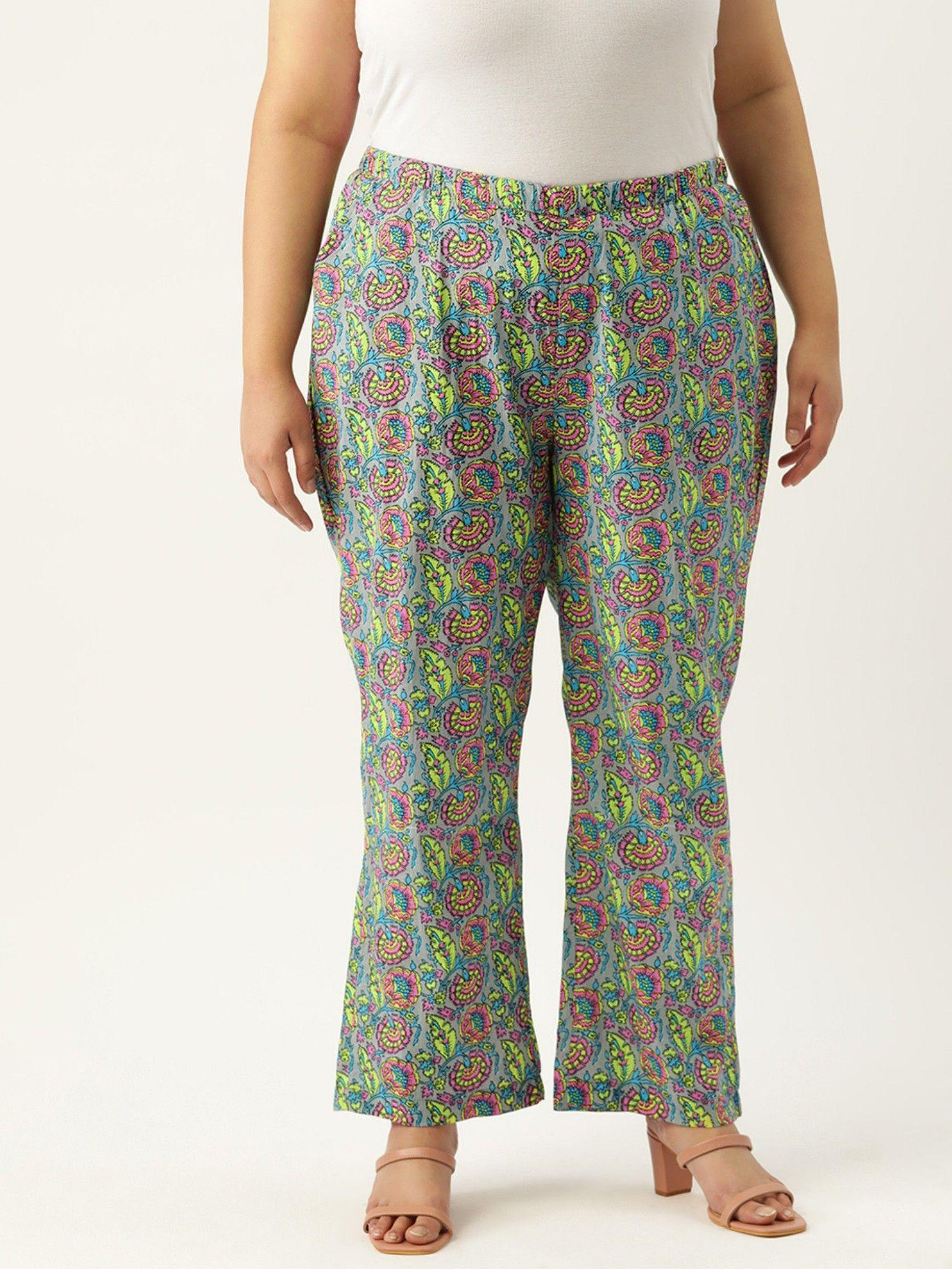 plus size women grey floral print cotton trouser