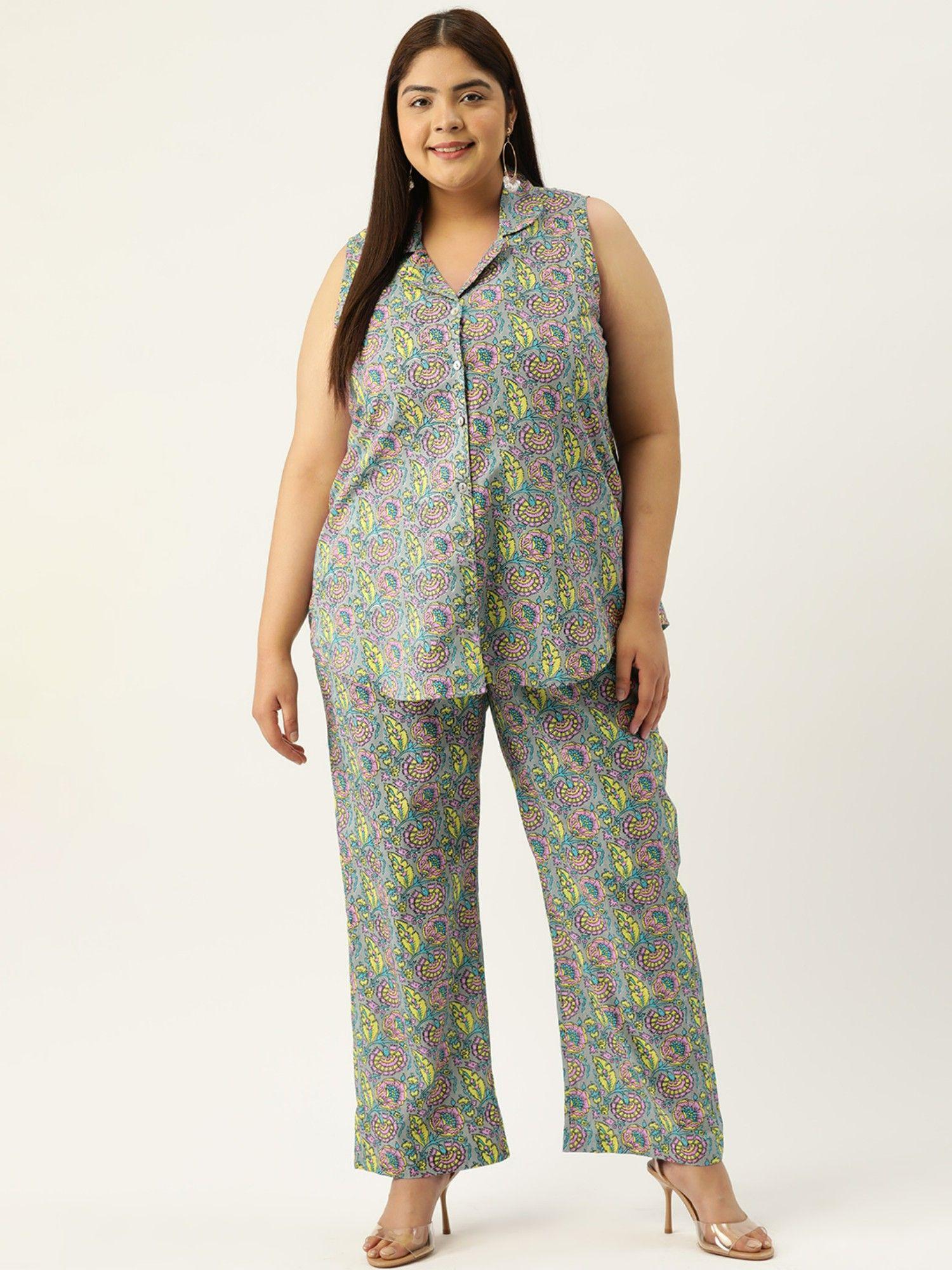 plus size women grey floral print shirt with trouser (set of 2)